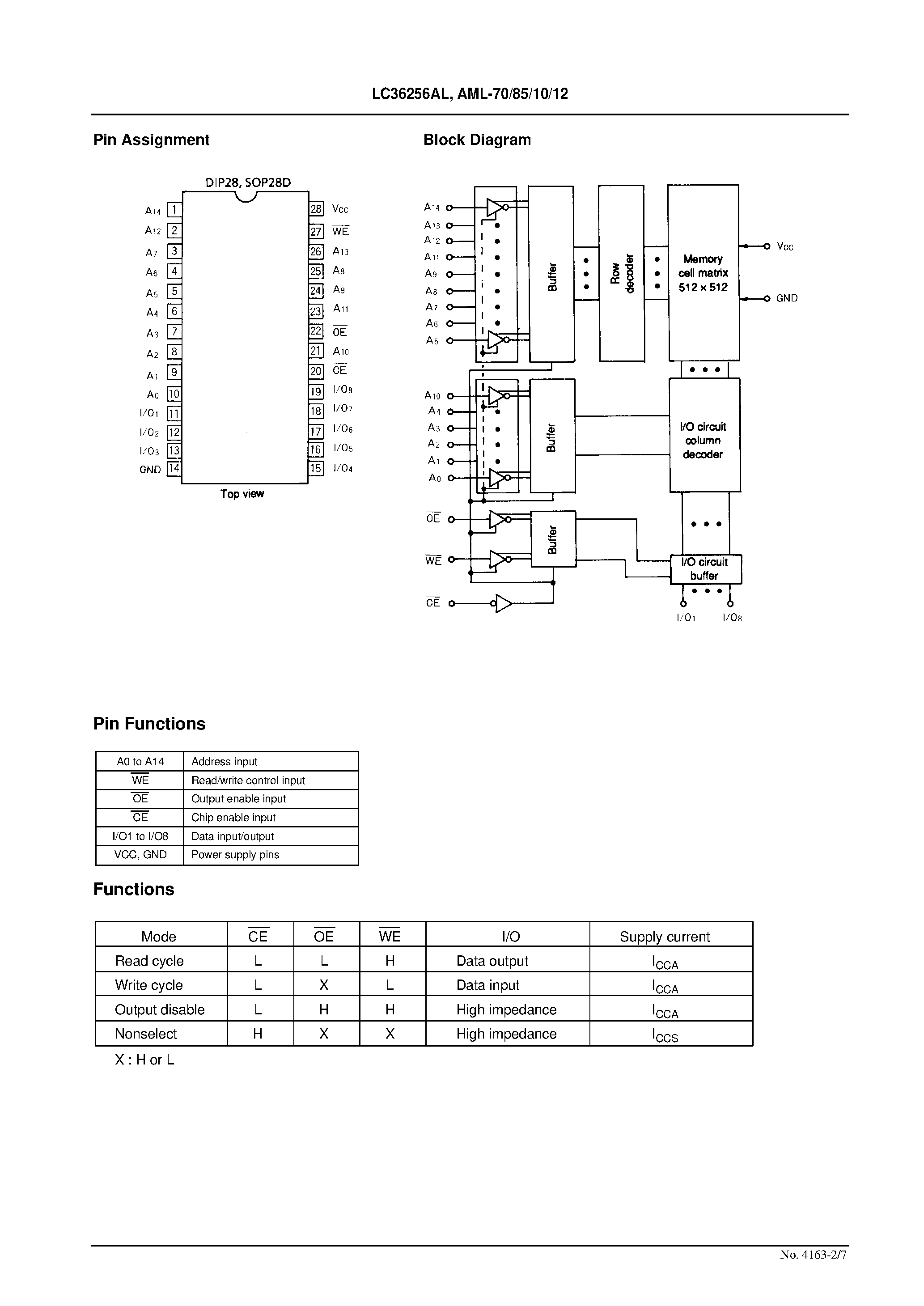 Datasheet LC36256AL page 2 Datasheet LC36256AL - 256 K (32768 words x 8 bits) SRAM page 2