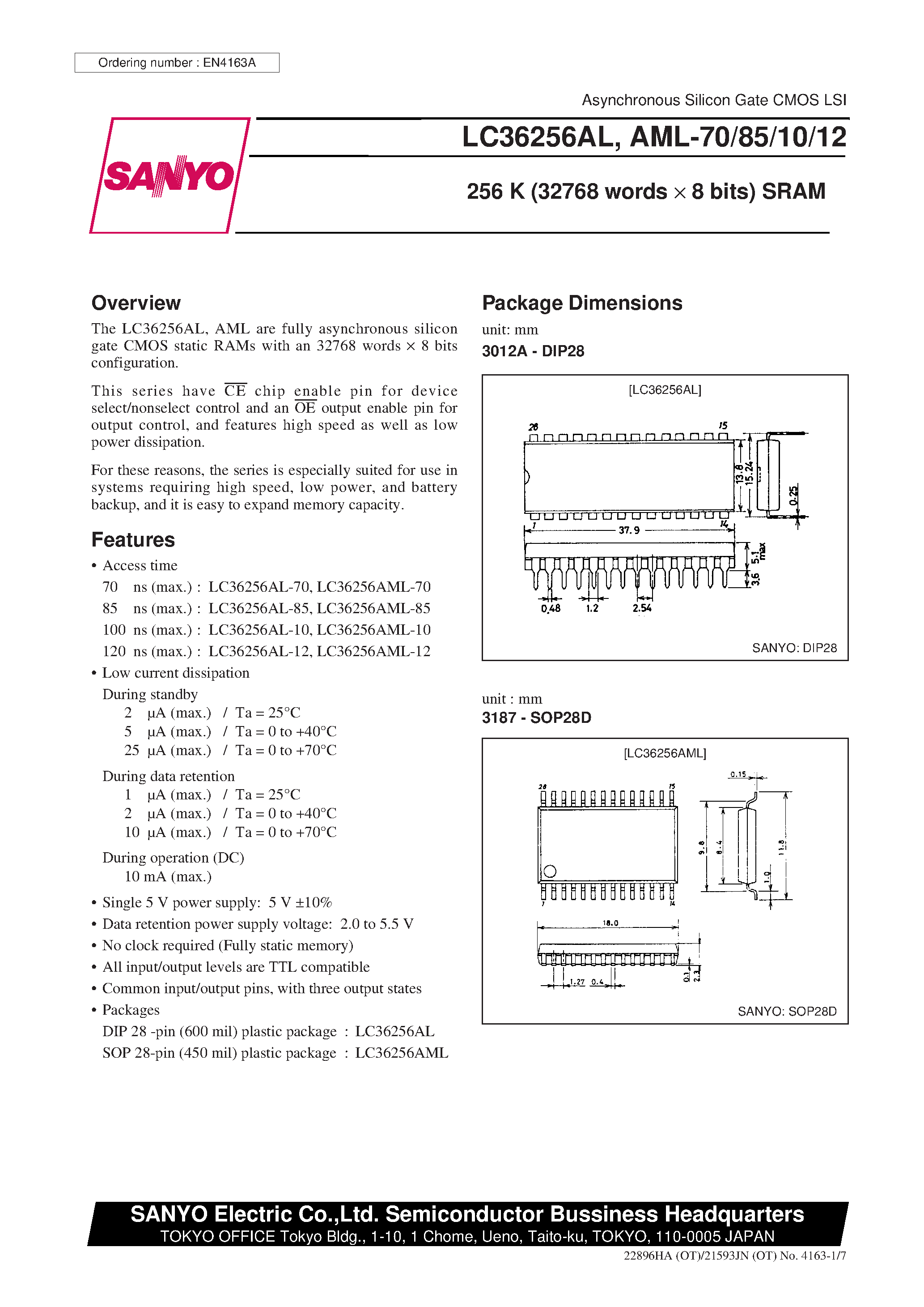 Даташит на микросхему LC36256AML-10 страница 1 Даташит LC36256AML-10 - 256 K (32768 words x 8 bits) SRAM страница 1