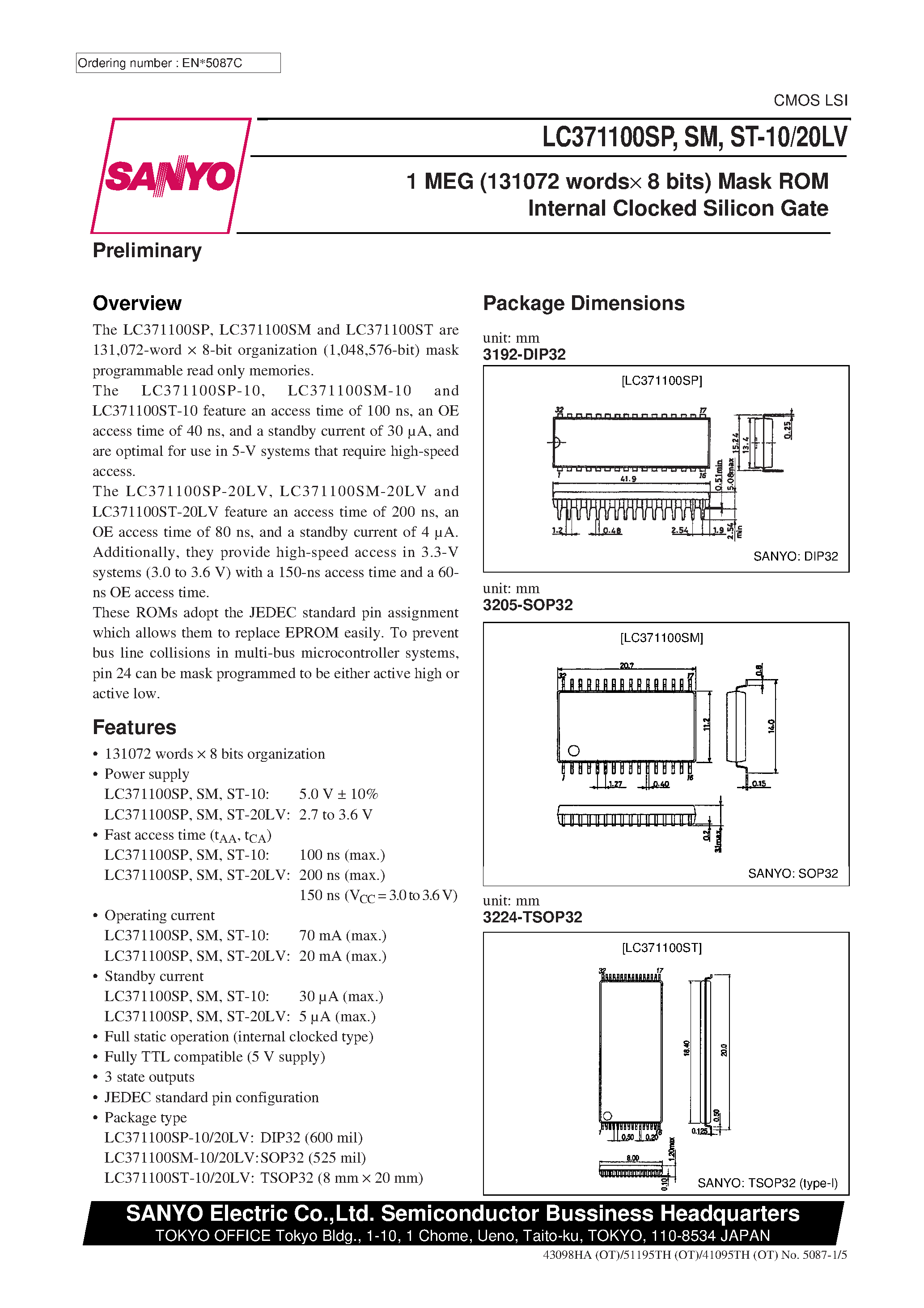 Даташит LC371100SP - 1 MEG (131072 words x 8 bits) Mask ROM Internal Clocked Silicon Gate страница 1