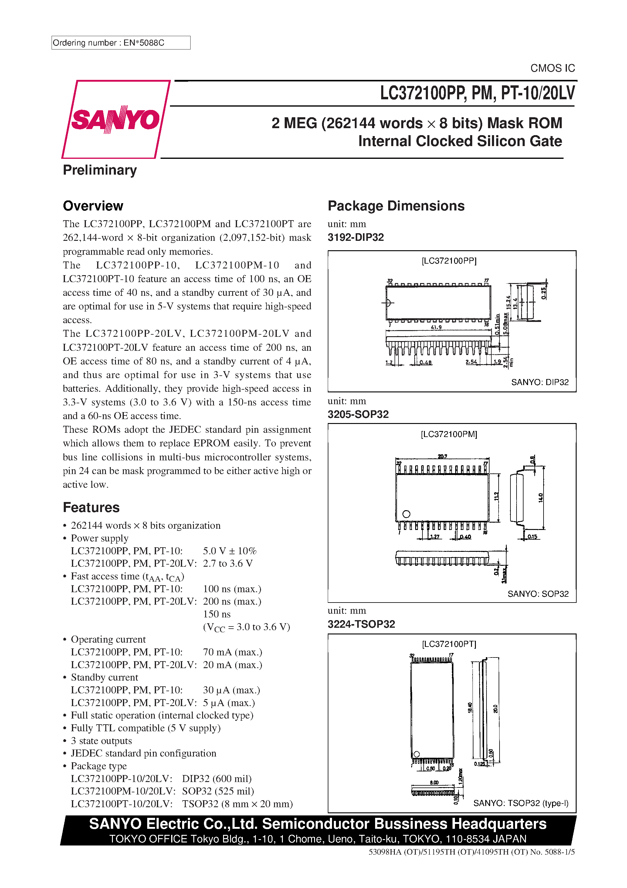 Datasheet LC372100PM-20LV - 2 MEG (262144 words x 8 bits) Mask ROM Internal Clocked Silicon Gate page 1