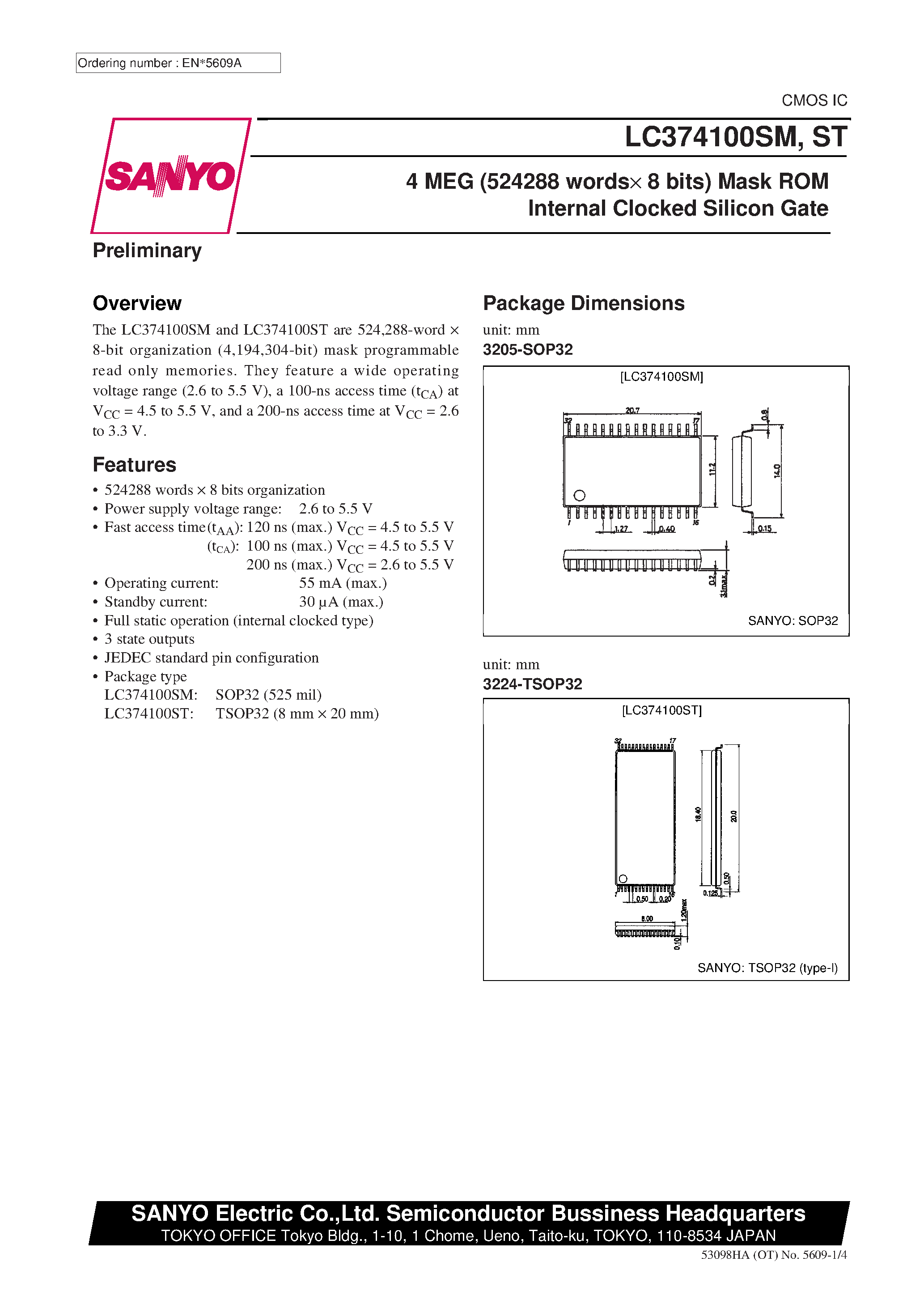 Даташит LC374100SM - 4 MEG (524288 words x 8 bits) Mask ROM Internal Clocked Silicon Gate страница 1