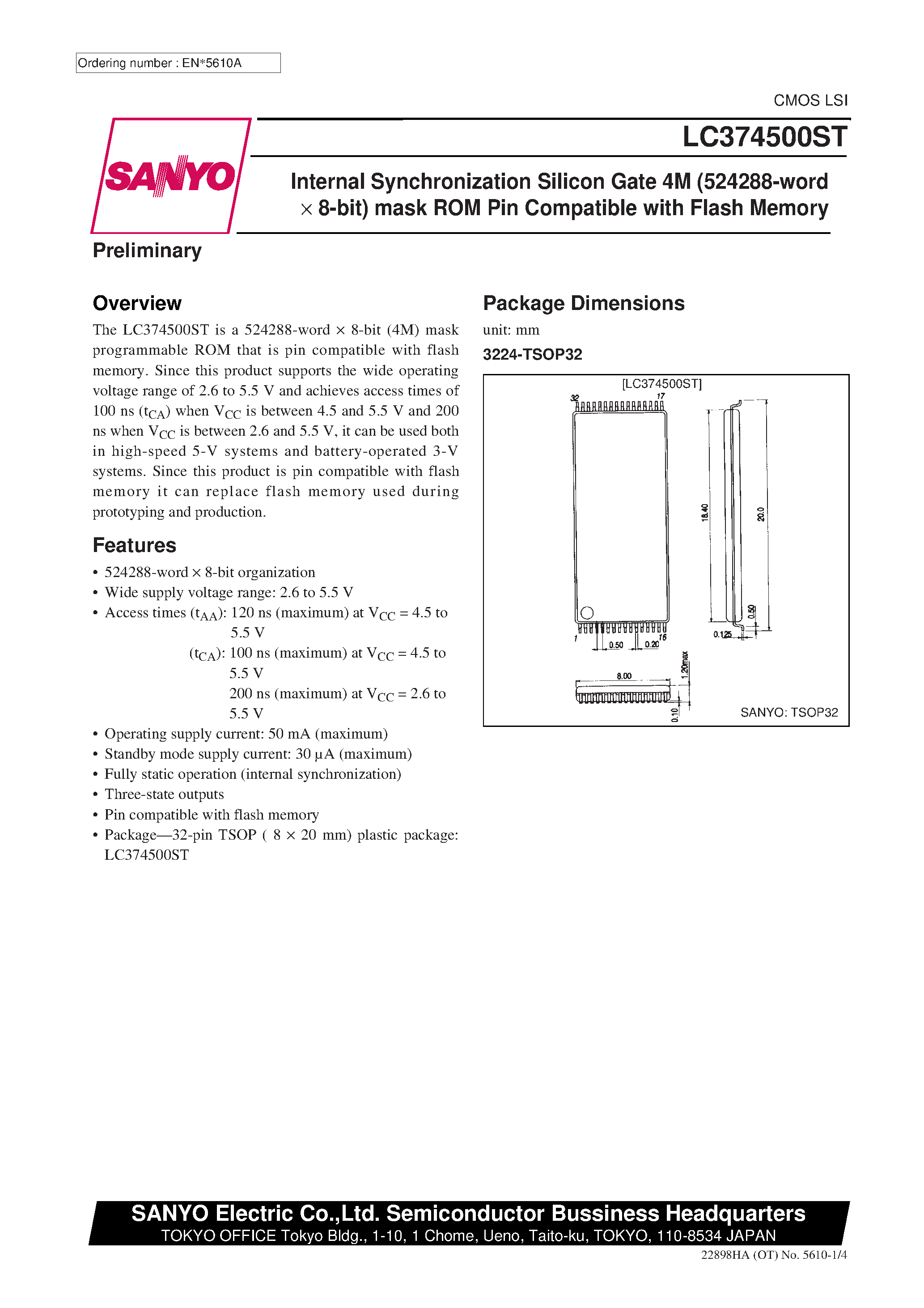 Даташит LC374500ST - Internal Synchronization Silicon Gate 4M (524288-word x 8-bit) mask ROM Pin Compatible with Flash Memory страница 1