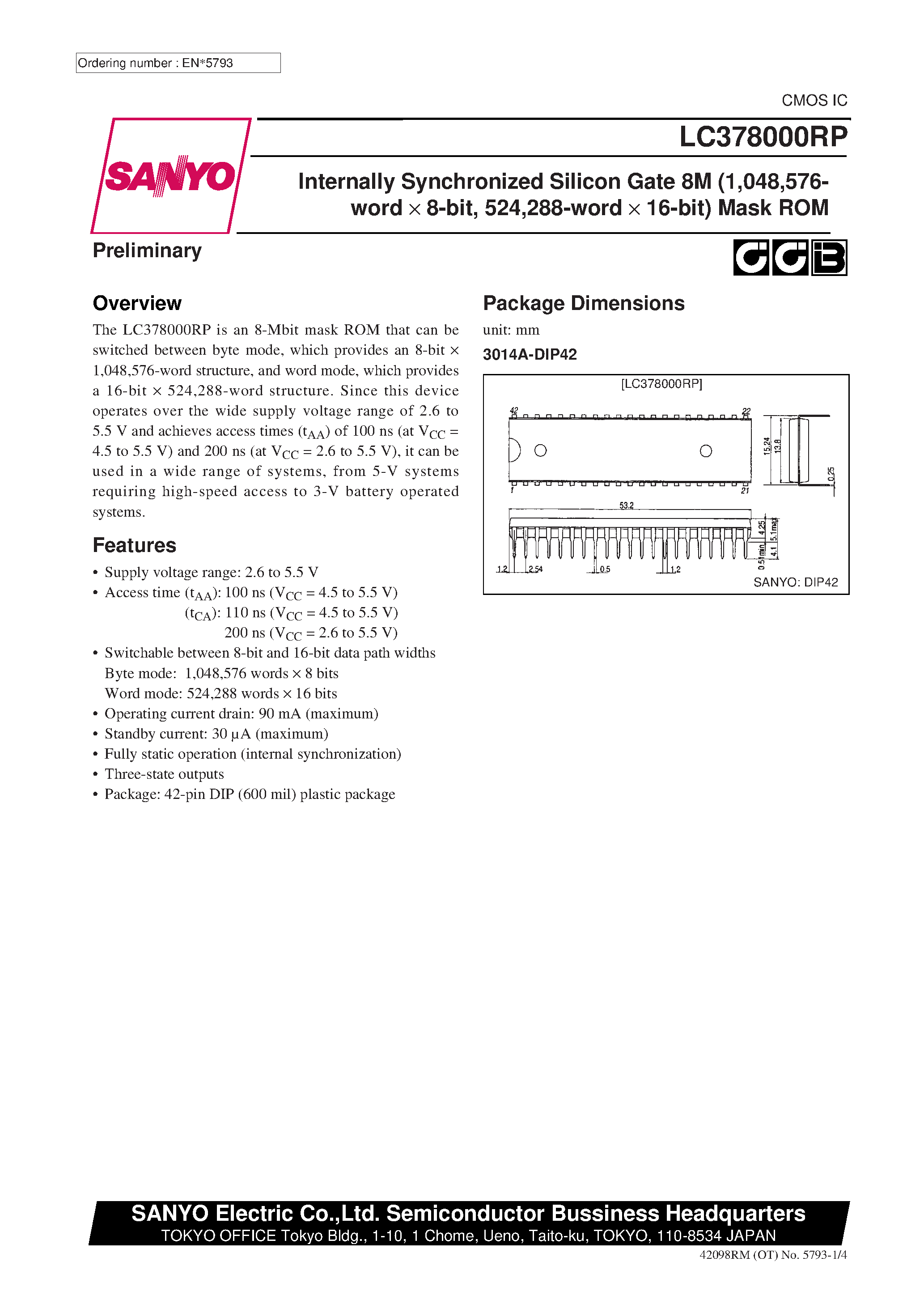Datasheet LC378000RP - Internally Synchronized Silicon Gate 8M (1 /048 /576-word x 8-bit / 524 /288-word x 16-bit) Mask ROM page 1