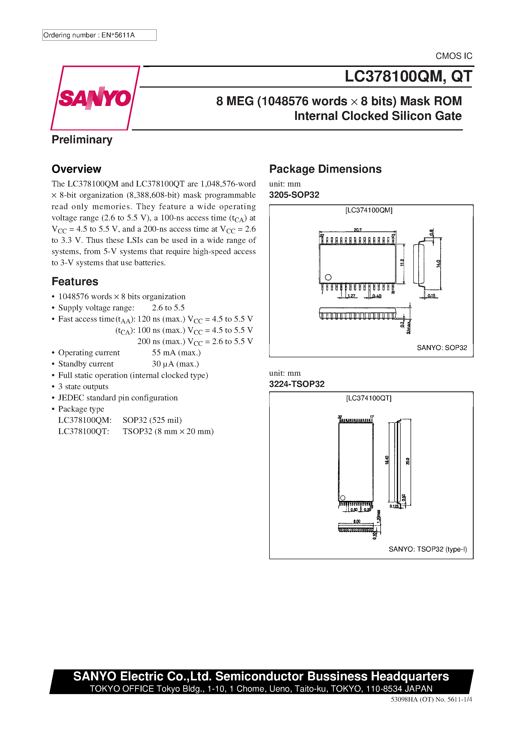 Datasheet LC378100QM - 8 MEG (1048576 words x 8 bits) Mask ROM Internal Clocked Silicon Gate page 1