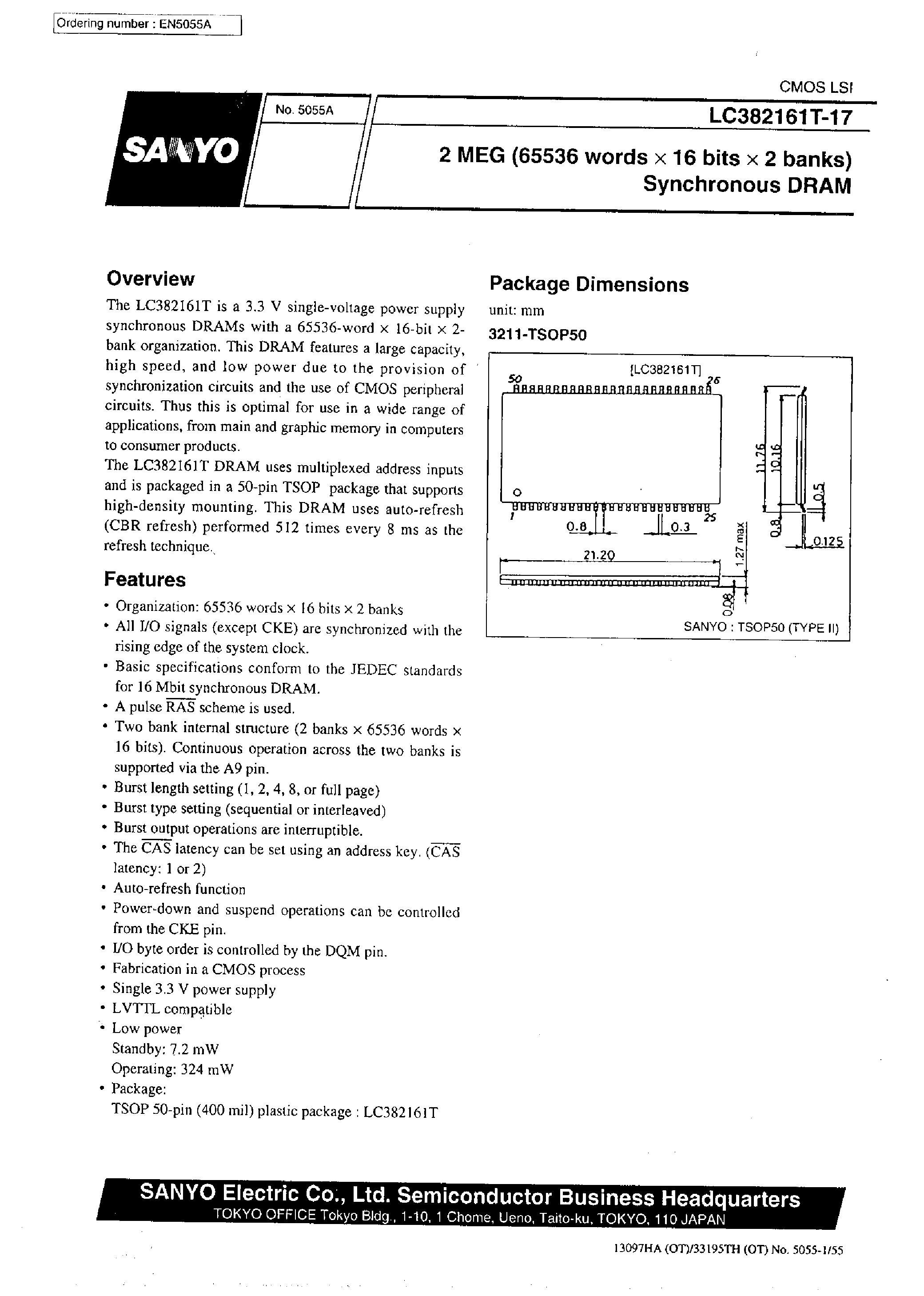Datasheet LC382161T-17 - 2 MEG(65536 words x 16 bits x 2 banks) Synchronous DRAM page 1