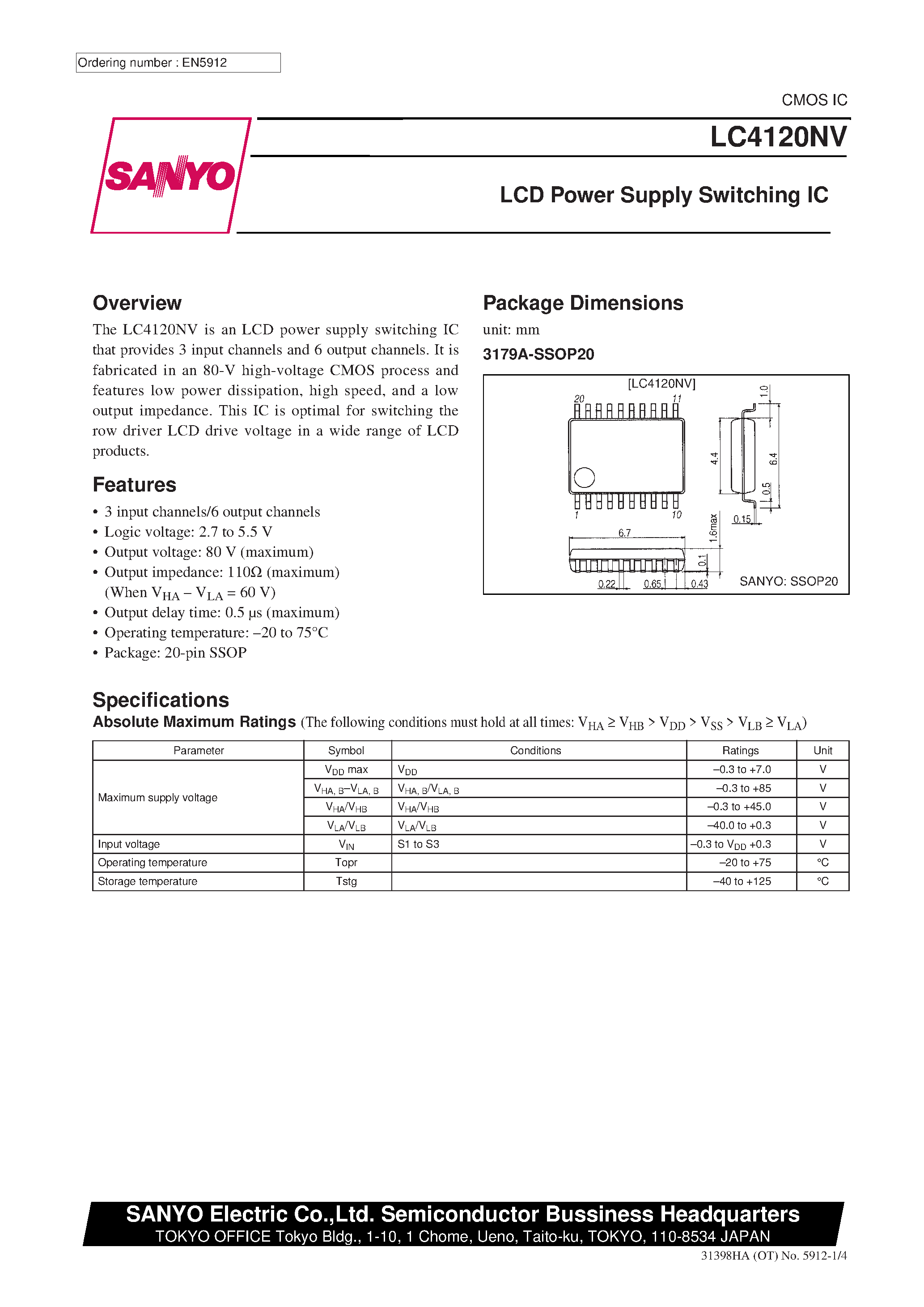 Datasheet LC4120NV page 1 Datasheet LC4120NV - LCD Power Supply Switching IC page 1