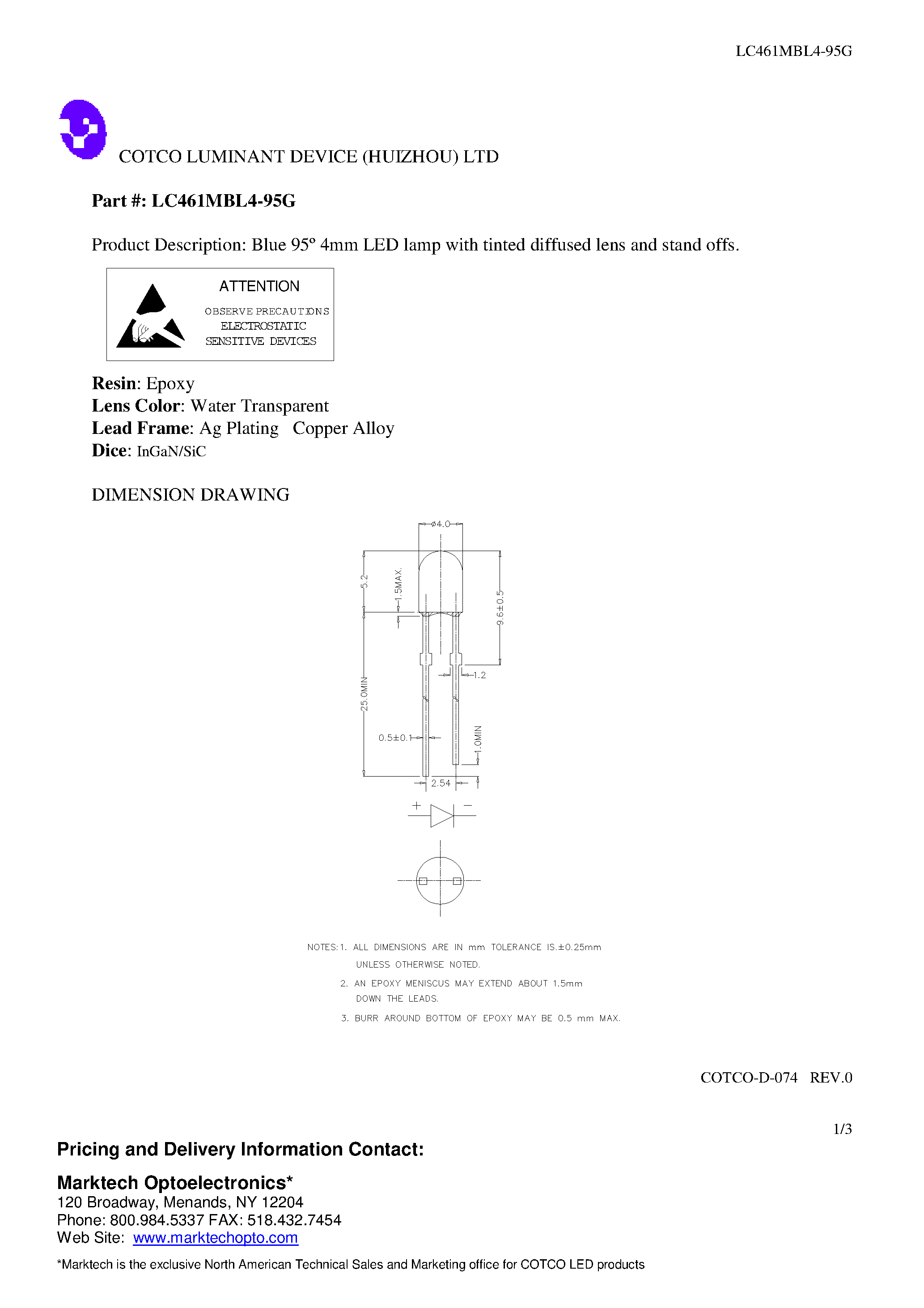 Даташит на микросхему LC461MBL4-95G страница 1 Даташит LC461MBL4-95G - Blue 95 4mm LED lamp with tinted diffused lens and stand offs. страница 1