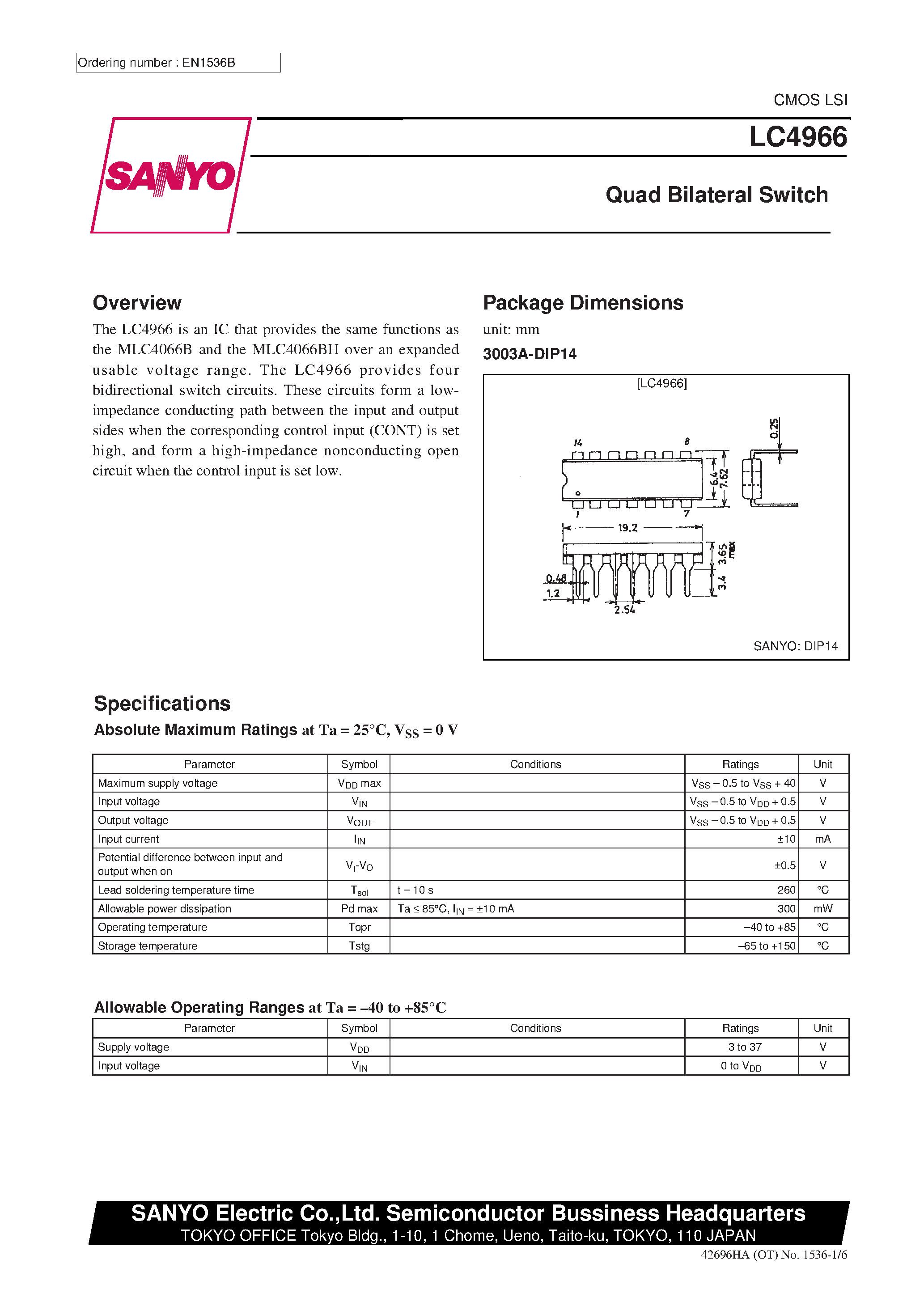 Datasheet LC4966 page 1 Datasheet LC4966 - Quad Bilateral Switch page 1