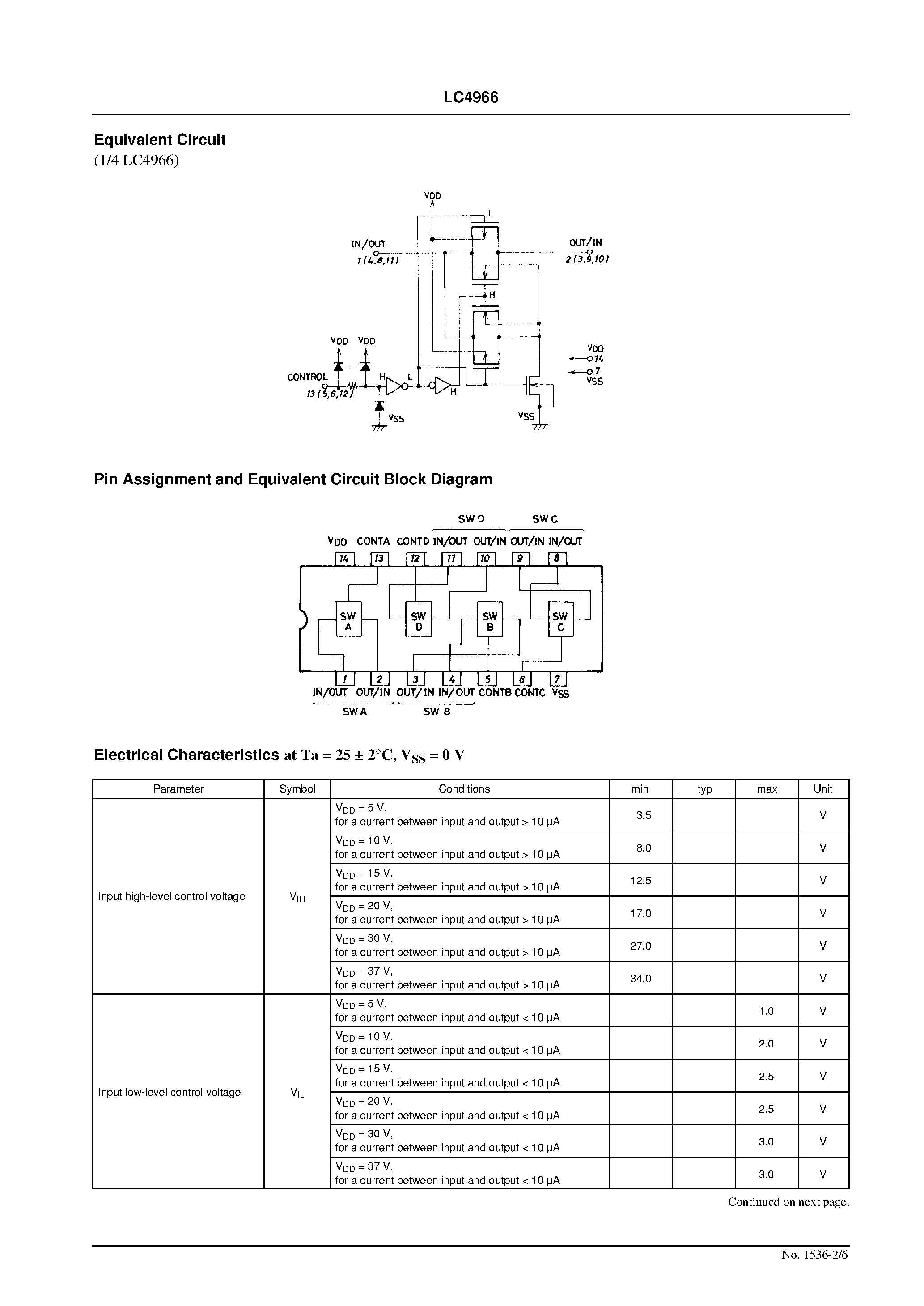 Datasheet LC4966 page 2 Datasheet LC4966 - Quad Bilateral Switch page 2