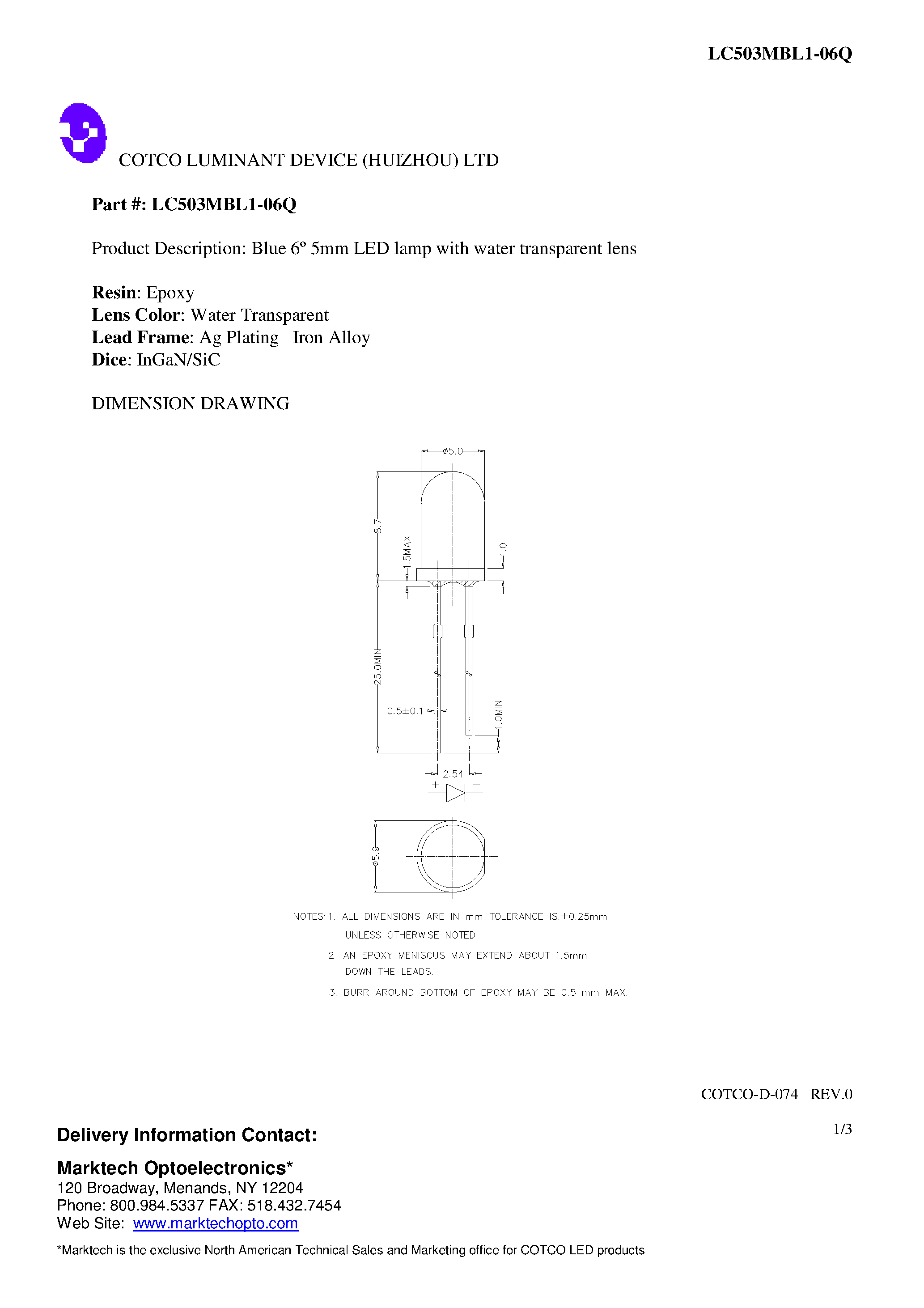 Datasheet LC503MBL1-06Q - Blue 6 5mm LED lamp with water transparent lens page 1