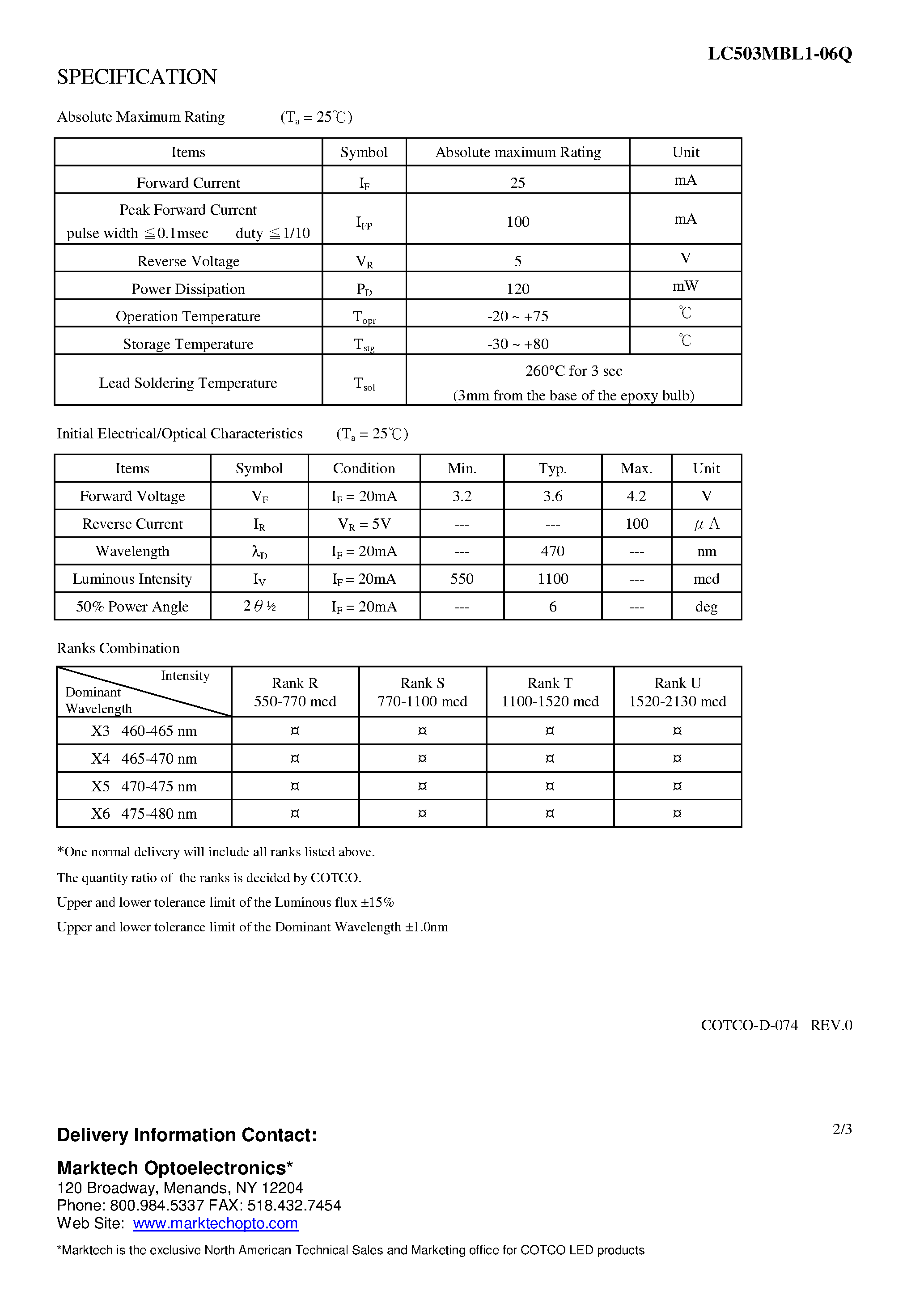 Datasheet LC503MBL1-06Q - Blue 6 5mm LED lamp with water transparent lens page 2