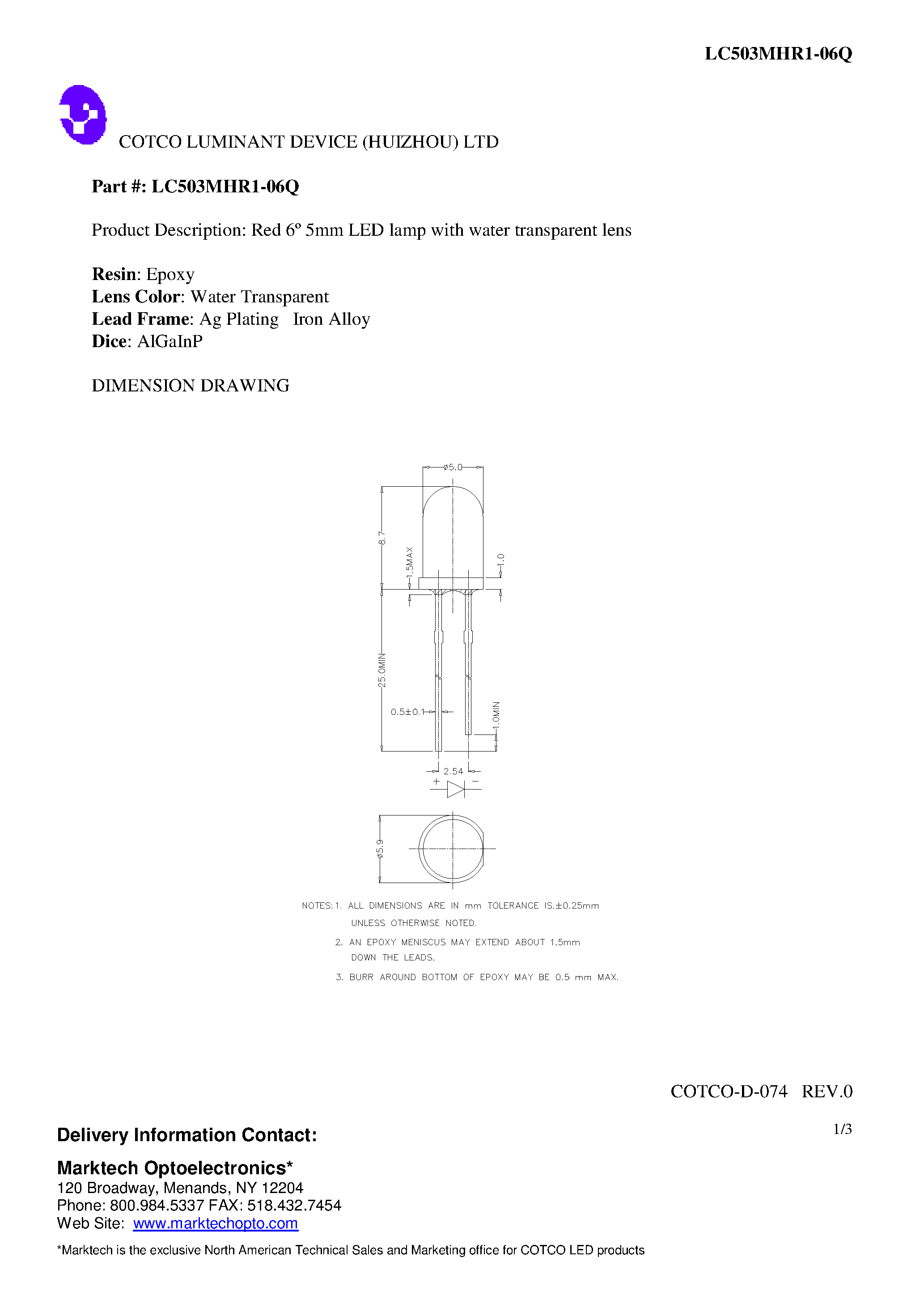 Datasheet LC503MHR1-06Q - Red 6 5mm LED lamp with water transparent lens page 1