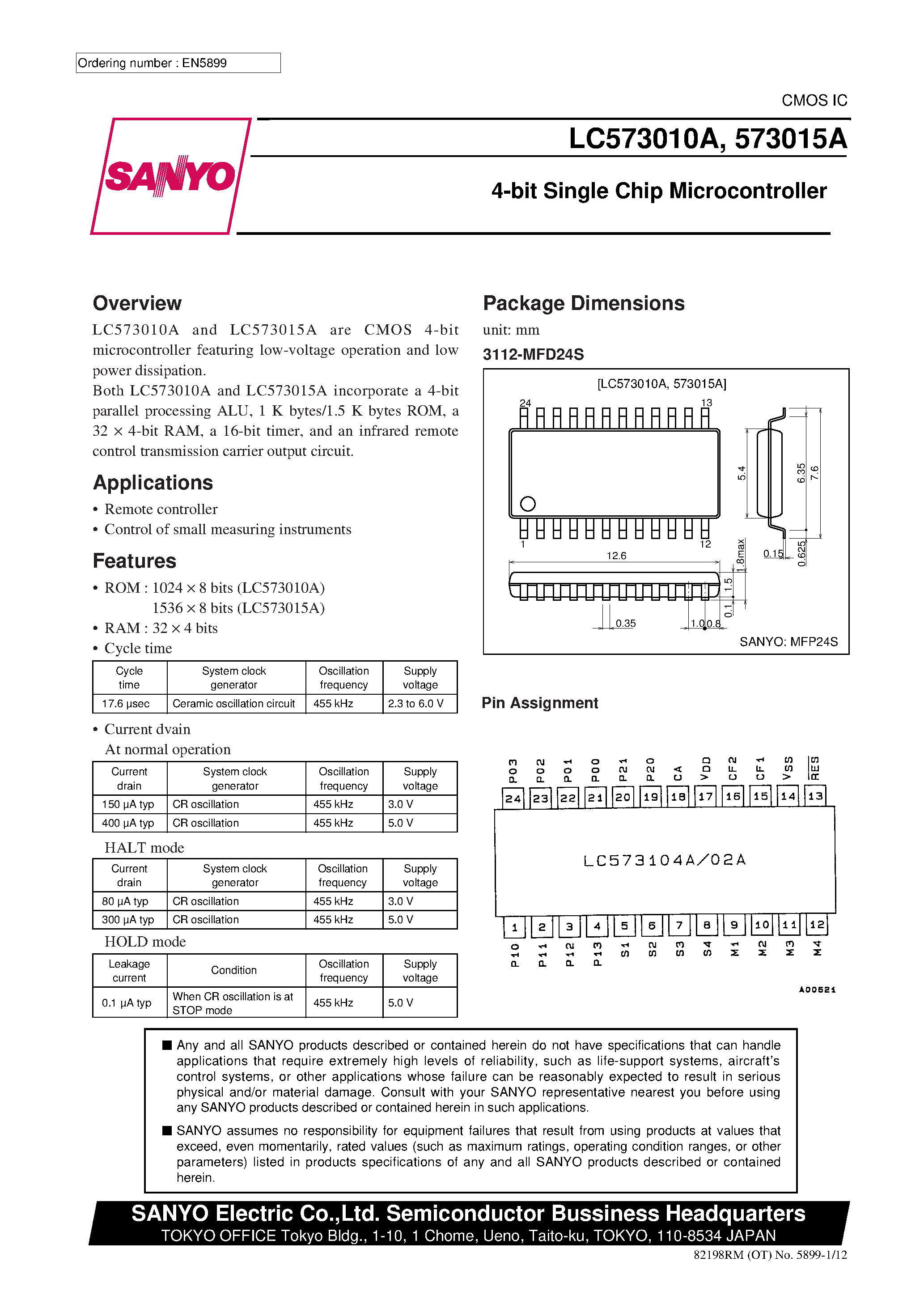 Datasheet LC573010A - 4-bit Single Chip Microcontroller page 1