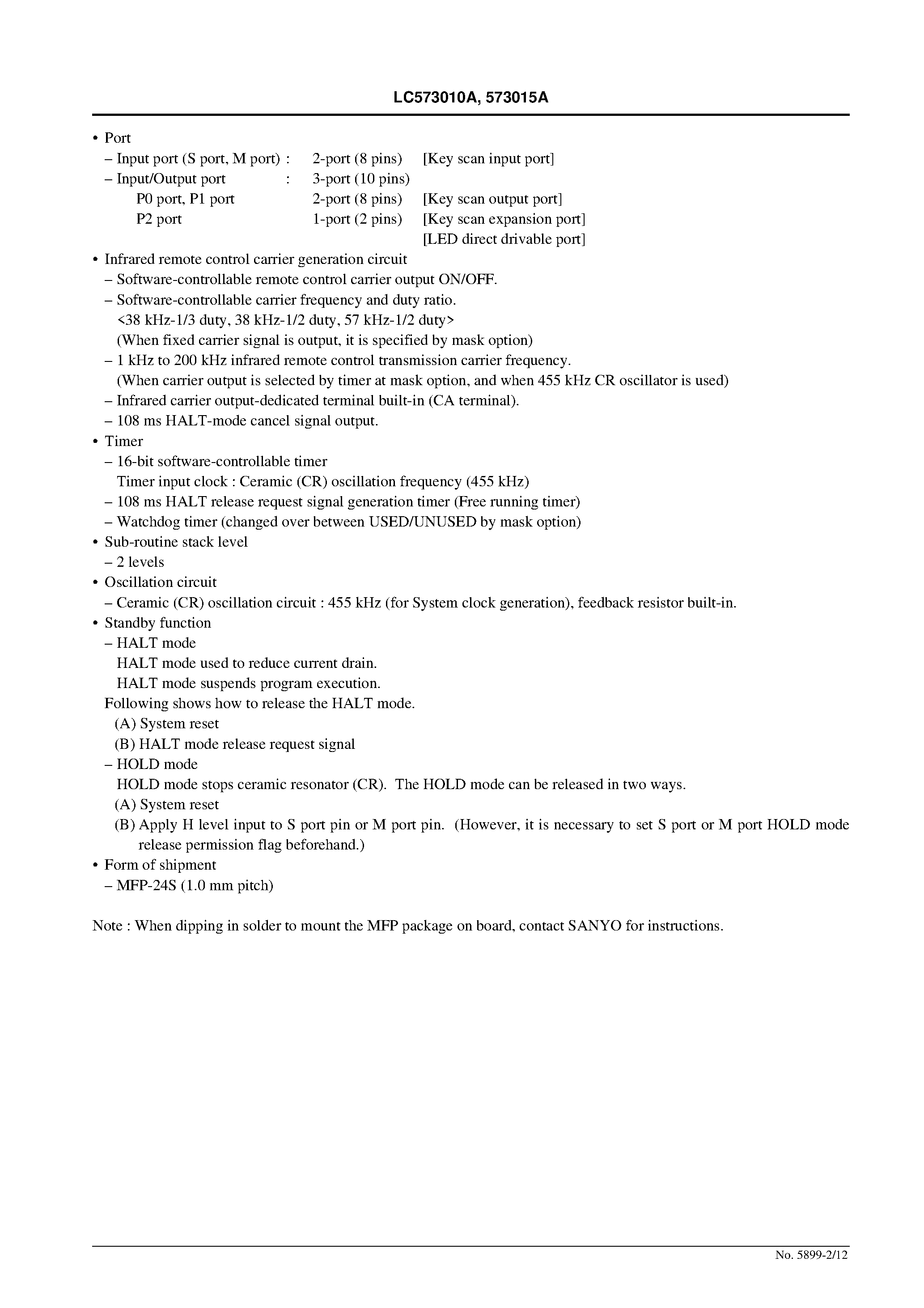 Datasheet LC573015A - 4-bit Single Chip Microcontroller page 2