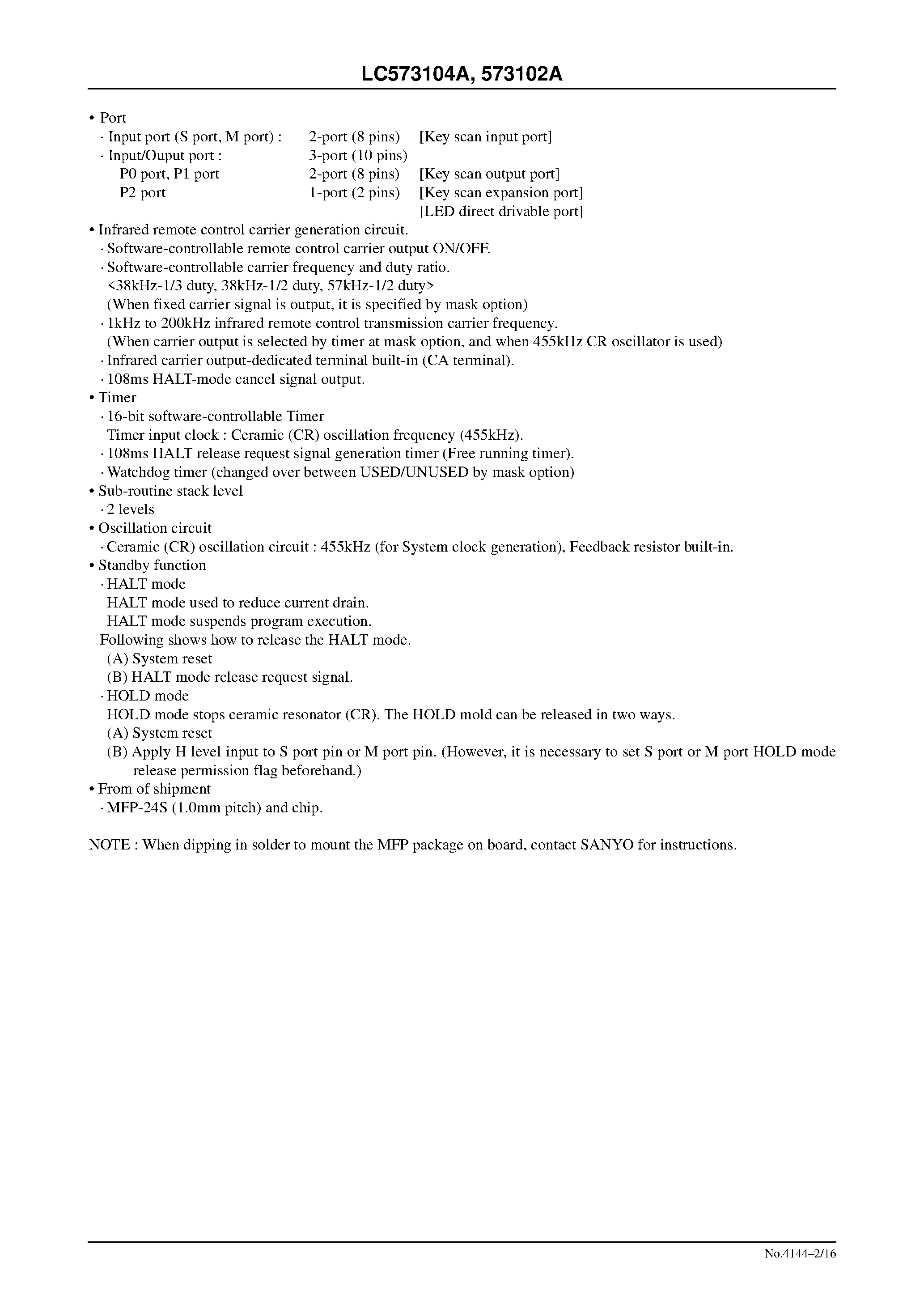 Datasheet LC573102A - 4-bit Single Chip Microcontroller page 2