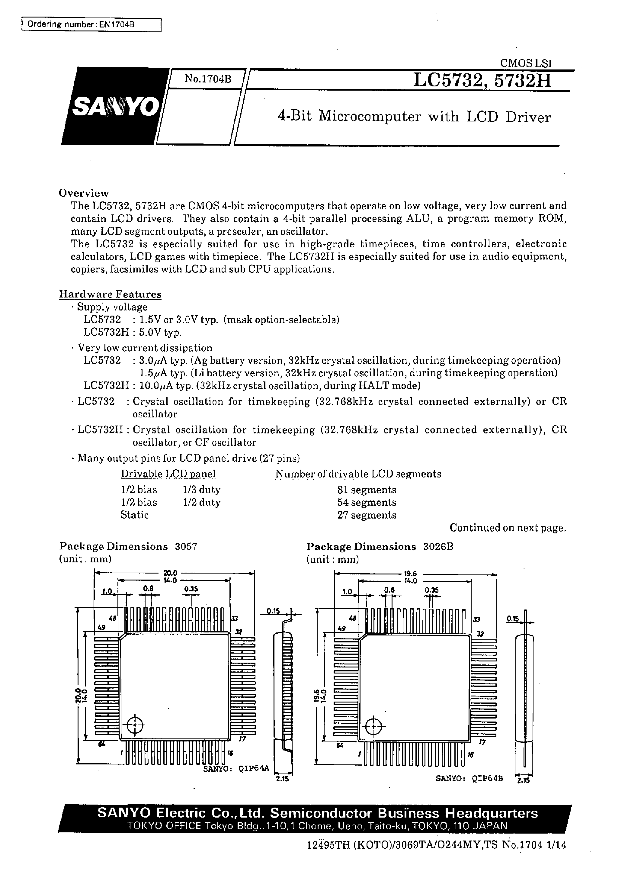 Datasheet LC5732H page 1 Datasheet LC5732H - 4-Bit Microcomputer with LCD Driver page 1