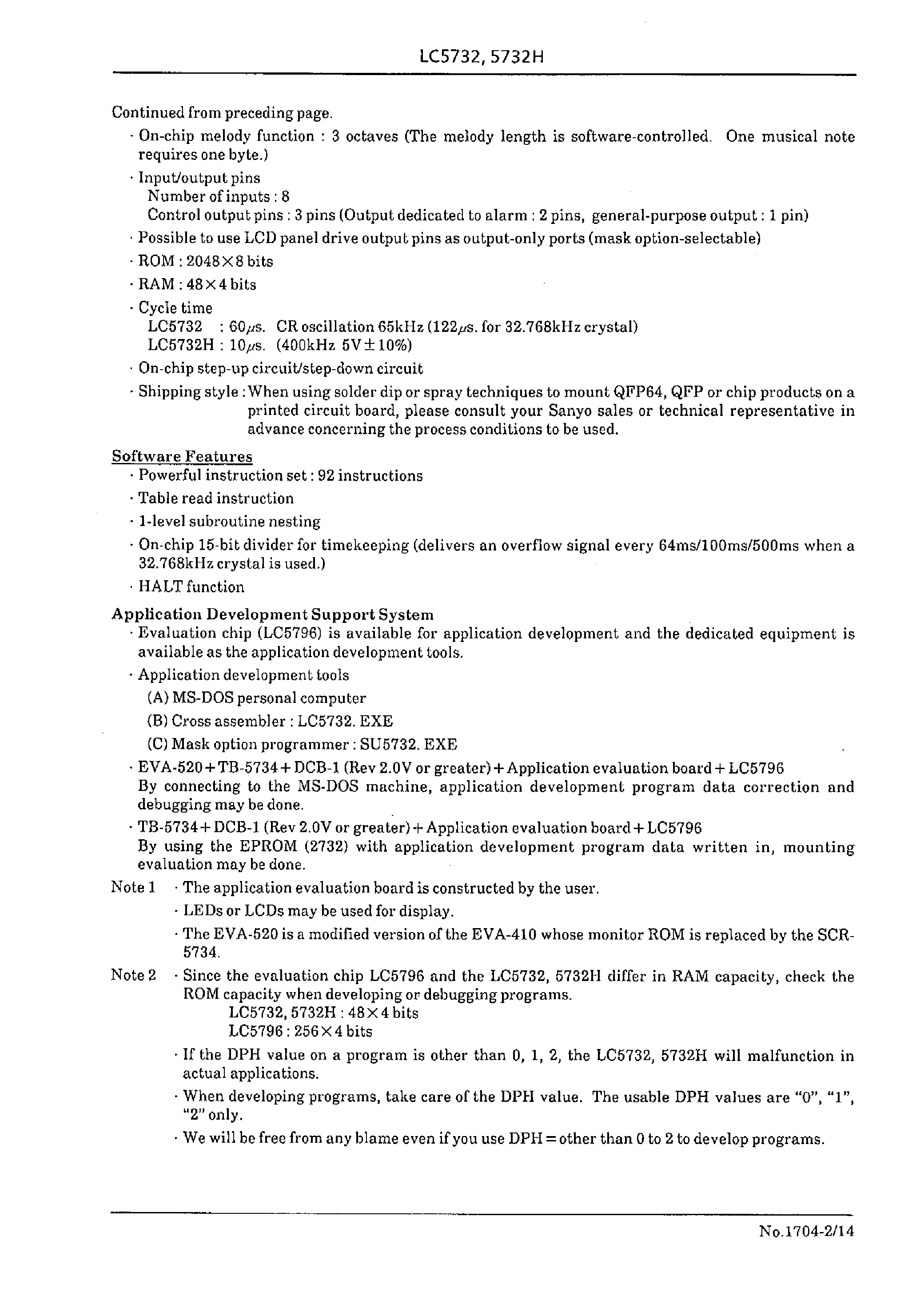 Datasheet LC5732H page 2 Datasheet LC5732H - 4-Bit Microcomputer with LCD Driver page 2