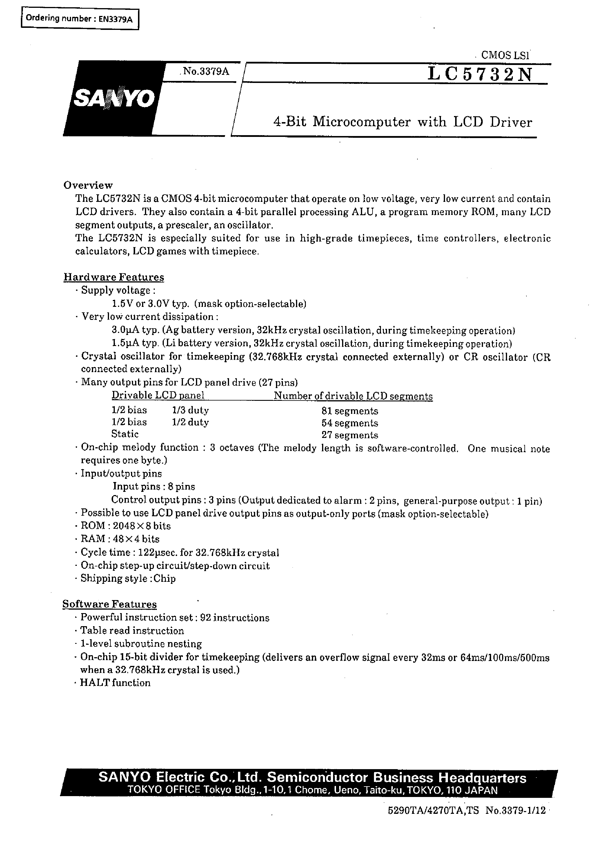 Даташит LC5732N - 4-Bit Microcomputer with LCD Driver страница 1