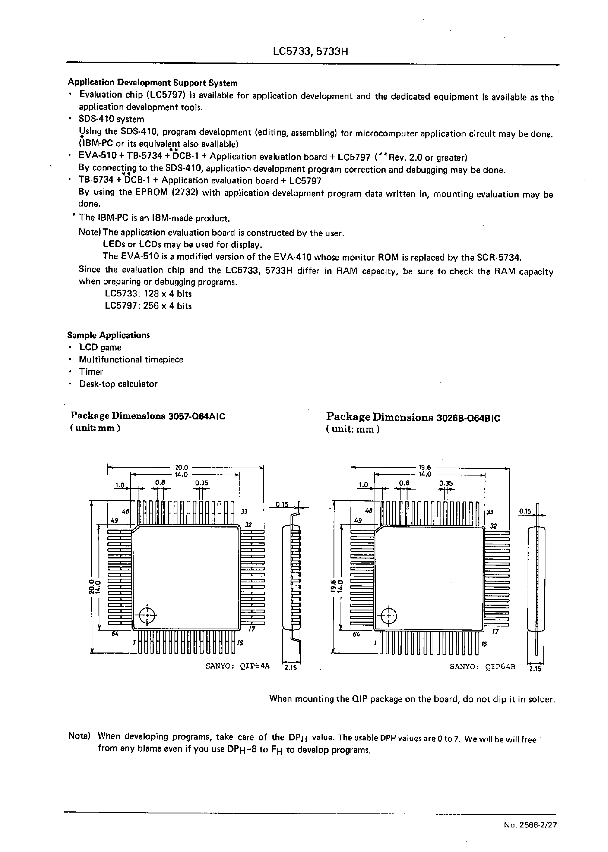 Datasheet LC5733 - SINGLE-CHIP 4-BIT MICROCOMPUTER WITH LCD DRIVERS FOR LOW-VOLTAGE /LOW-POWER USE page 2