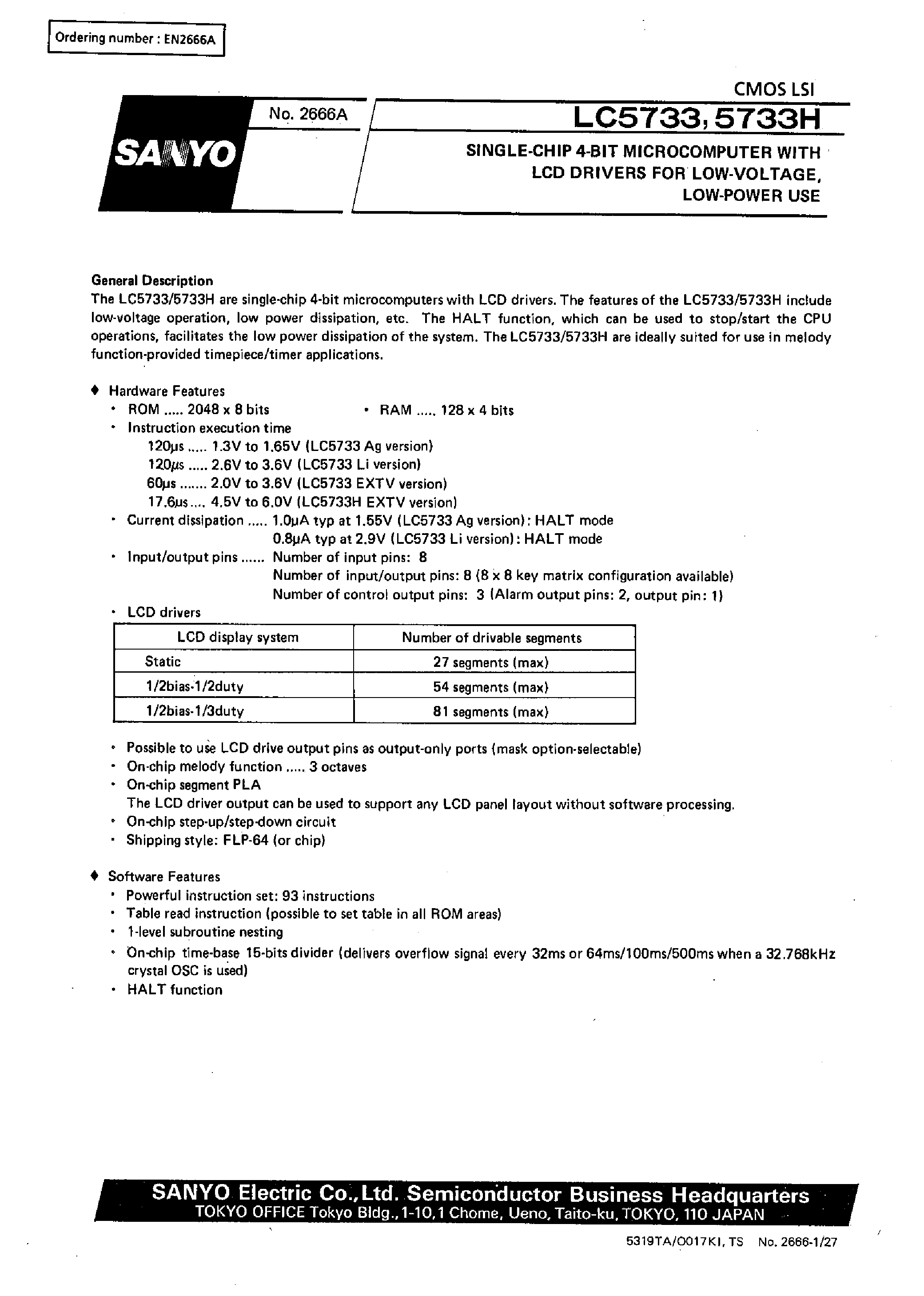 Datasheet LC5733H - SINGLE-CHIP 4-BIT MICROCOMPUTER WITH LCD DRIVERS FOR LOW-VOLTAGE /LOW-POWER USE page 1
