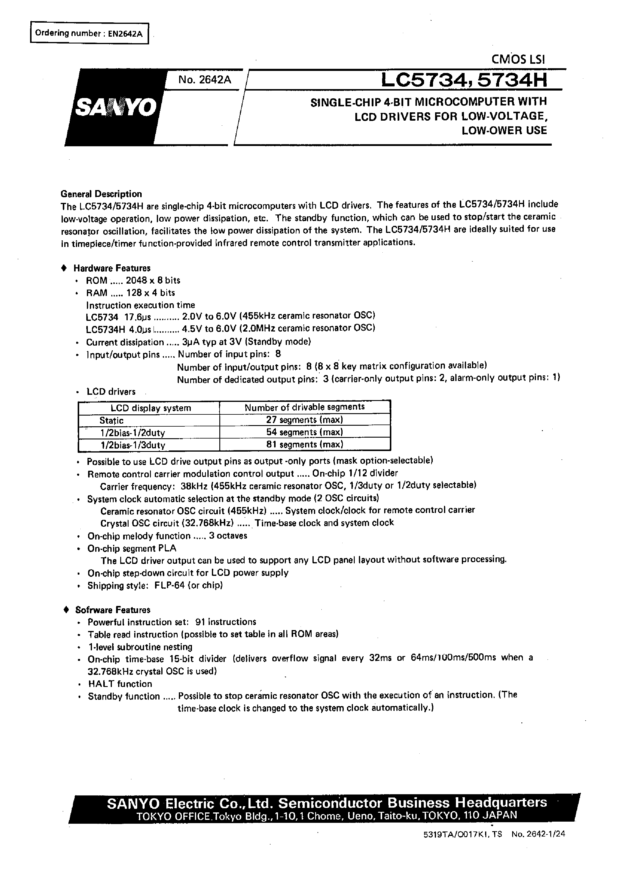 Datasheet LC5734 - SINGLE-CHIP 4-BIT MICROCOMPUTER WITH LCD DRIVERS FOR LOW-VOLTAGE /LOW-POWER USE page 1