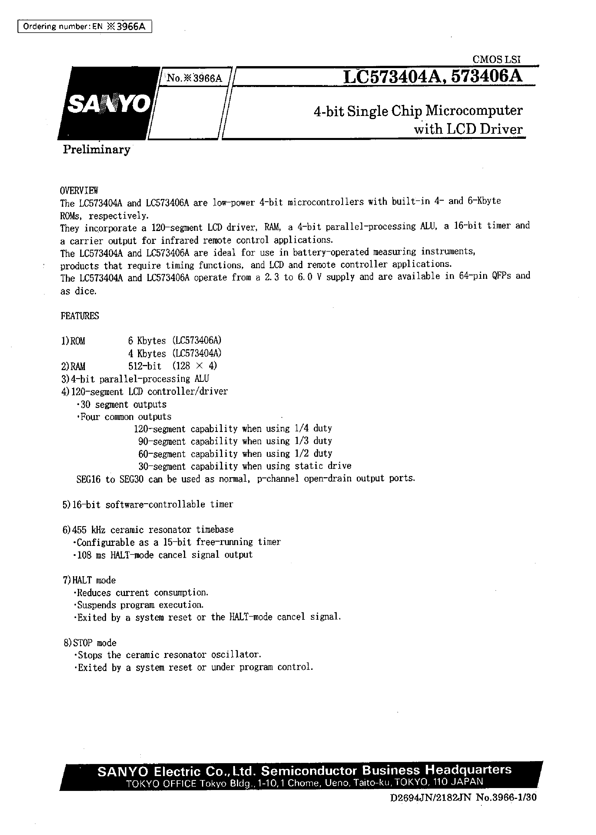 Datasheet LC573404A - 4-Bit Single Chip Microcomputer with LCD Driver page 1