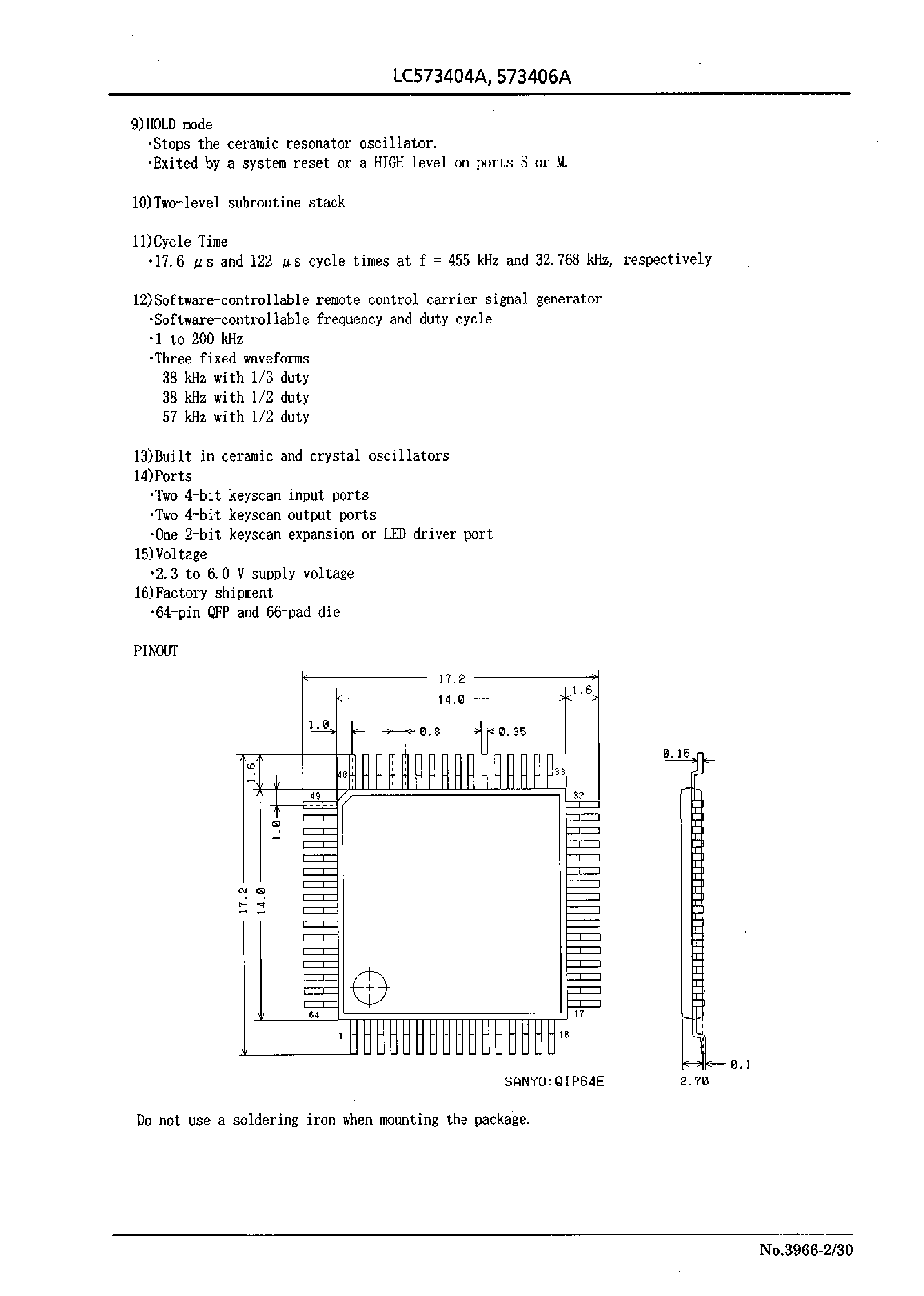 Datasheet LC573406A - 4-Bit Single Chip Microcomputer with LCD Driver page 2