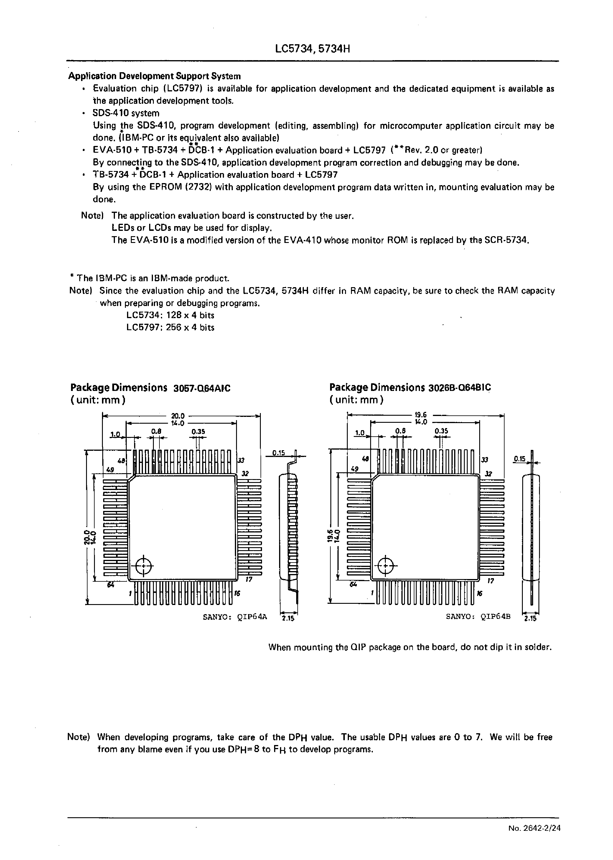Datasheet LC5734H - SINGLE-CHIP 4-BIT MICROCOMPUTER WITH LCD DRIVERS FOR LOW-VOLTAGE /LOW-POWER USE page 2