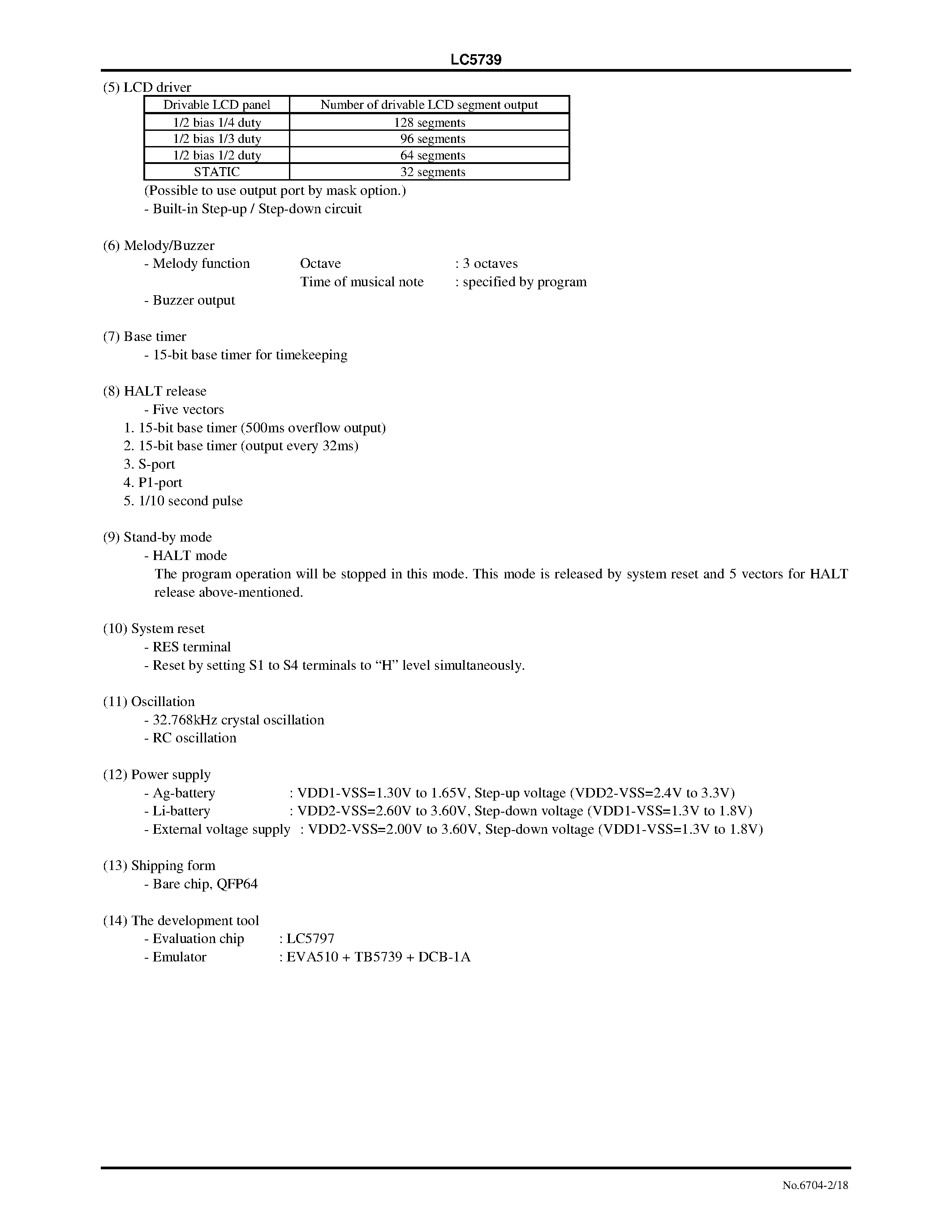Datasheet LC5739 - 4-Bit Microcontroller with LCD Driver page 2