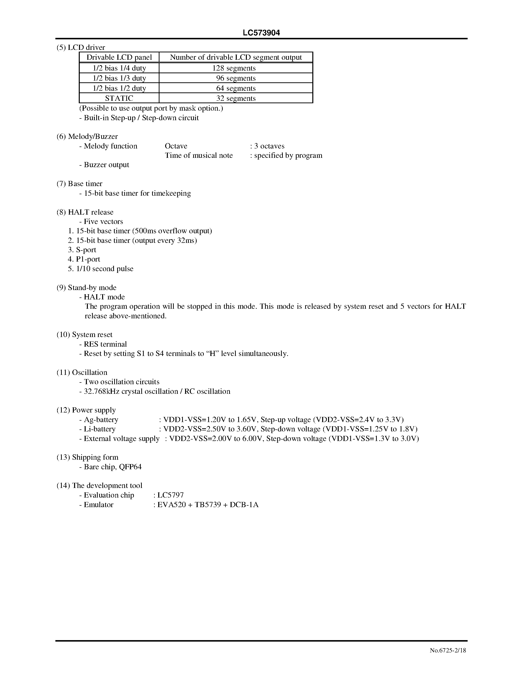 Даташит LC573904 - 4-Bit Microcontroller with 4K-Byte ROM / 120 4Bits RAM and LCD Driver страница 2