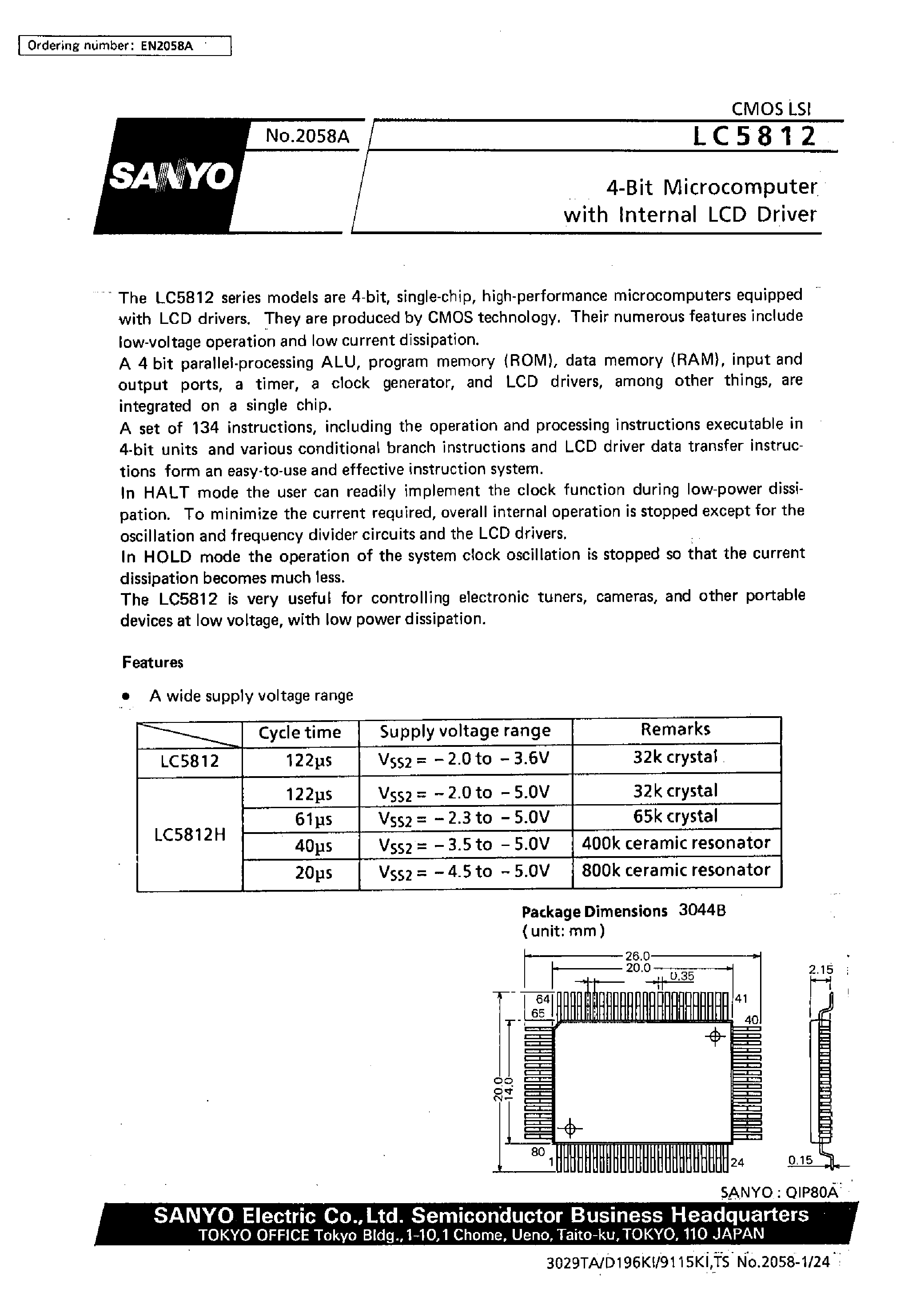 Datasheet LC5812 - 4-Bit Microcomputer with Internal LCD Driver page 1