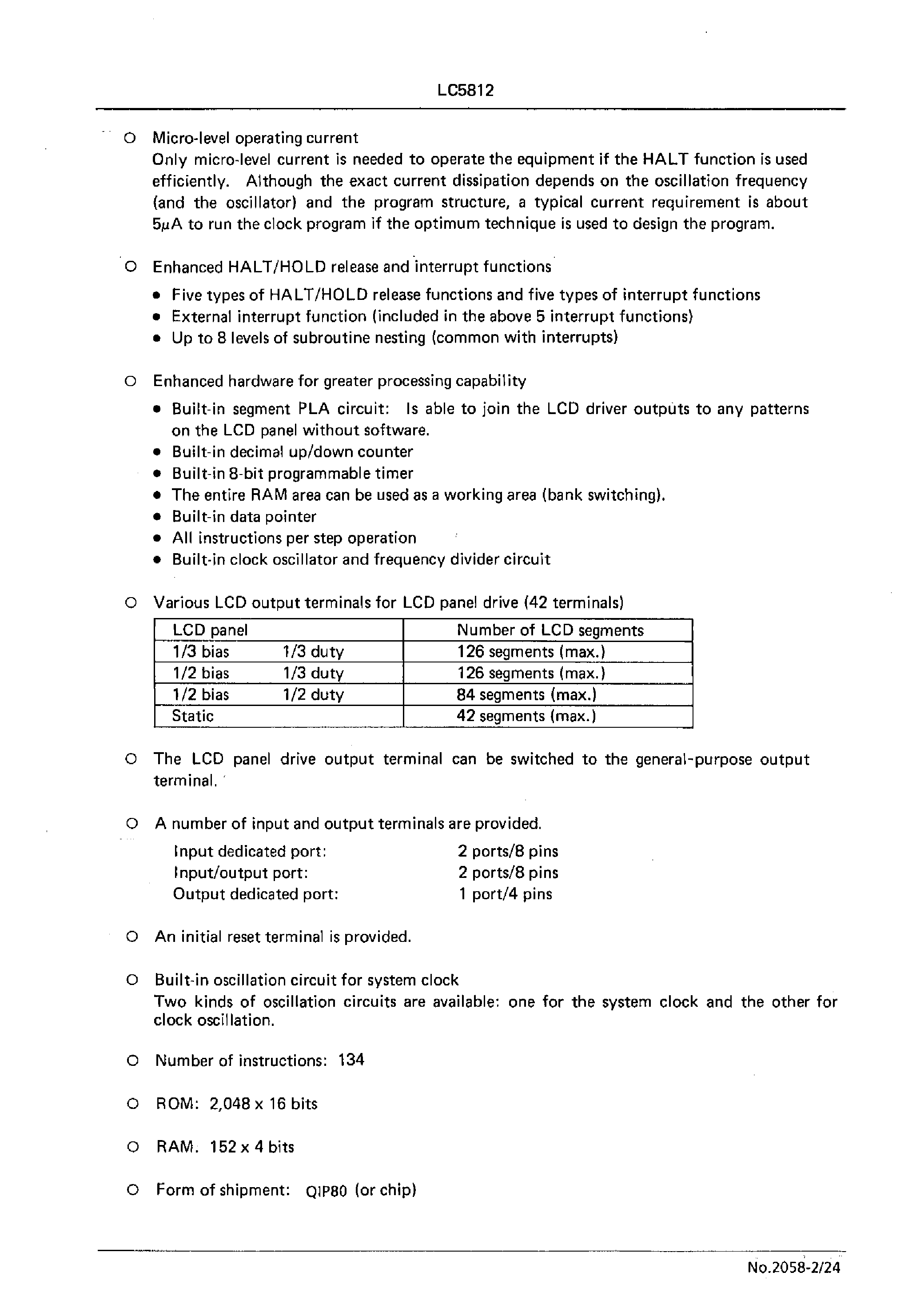 Datasheet LC5812 - 4-Bit Microcomputer with Internal LCD Driver page 2