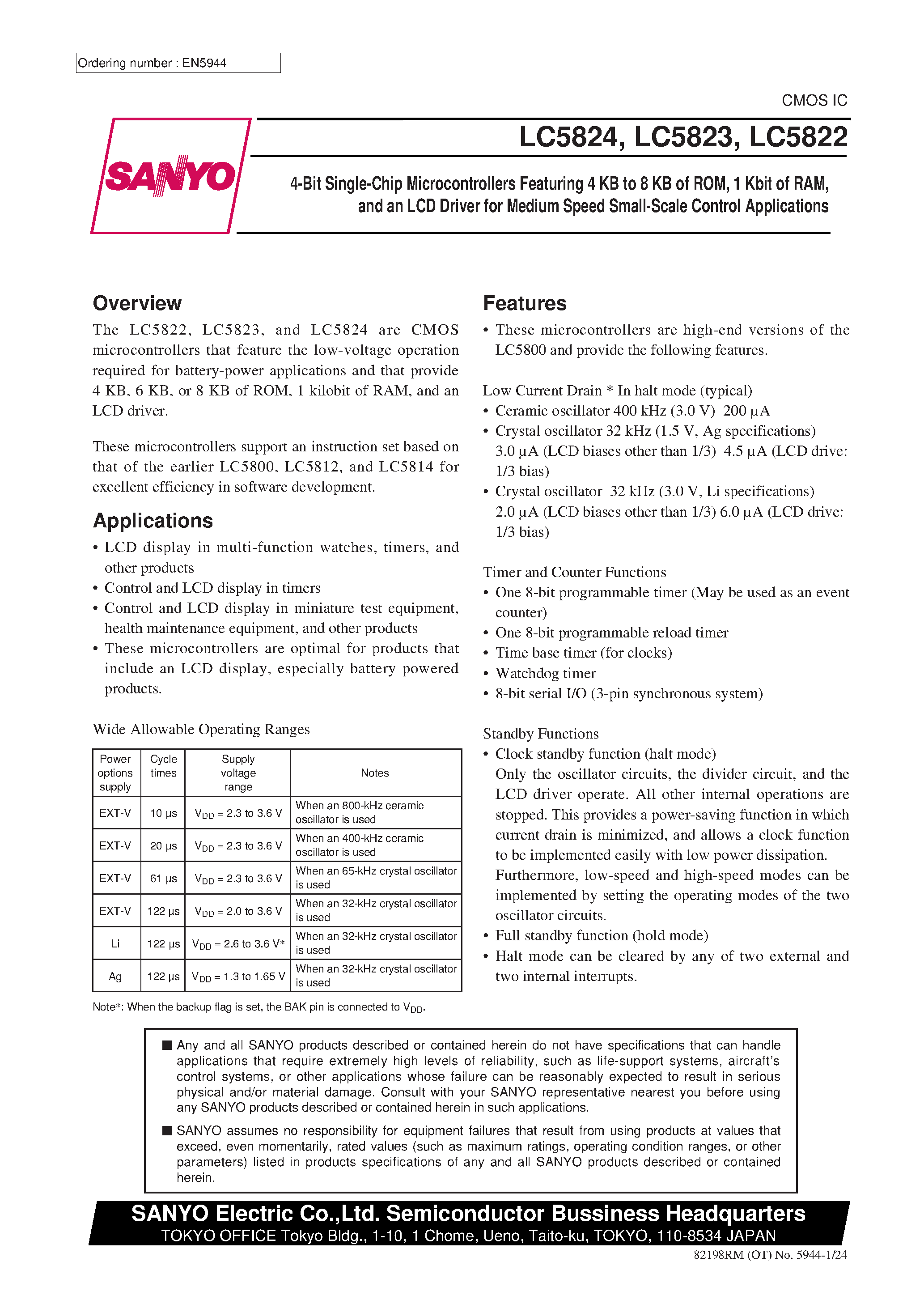 Datasheet LC5822 page 1 Datasheet LC5822 - 4-Bit Single-Chip Microcontrollers Featuring 4 KB to 8 KB of ROM / 1 Kbit of RAM / and an LCD Driver for Medium Speed Small-Scale Control Applications page 1