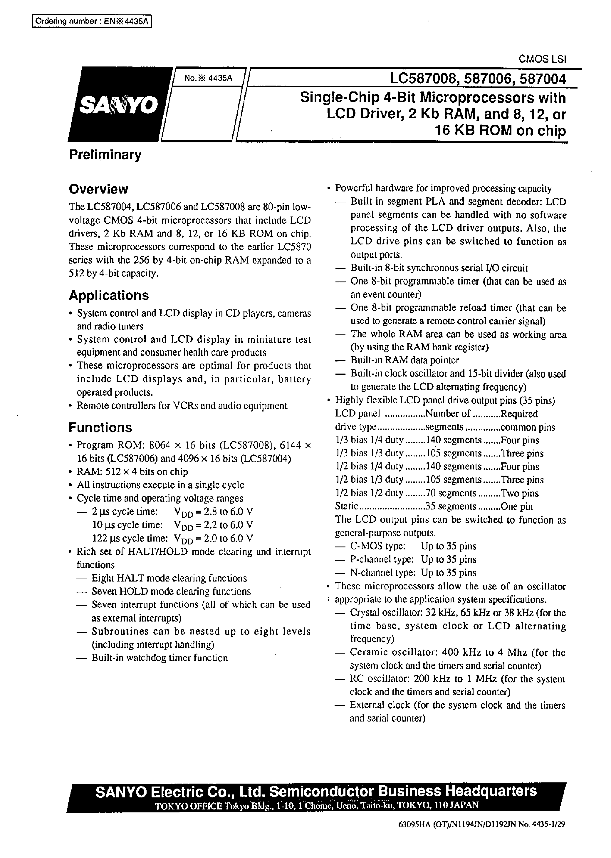 Datasheet LC587004 - Single-Chip 4-Bit Microprocessors with LCD Drivers / 2Kb RAM / and 8 /12 /or 16 KB ROM on chip page 1