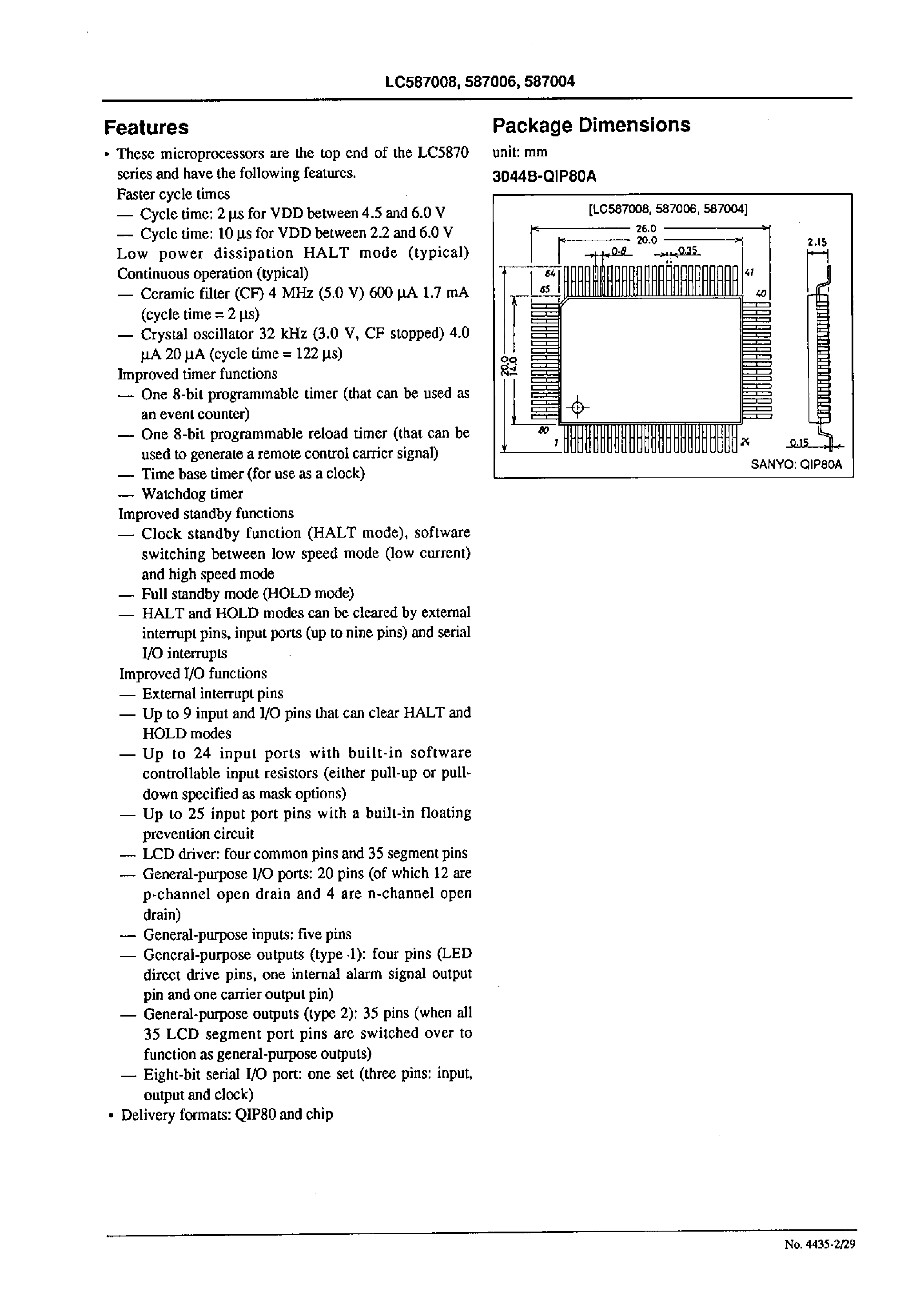 Datasheet LC587004 - Single-Chip 4-Bit Microprocessors with LCD Drivers / 2Kb RAM / and 8 /12 /or 16 KB ROM on chip page 2
