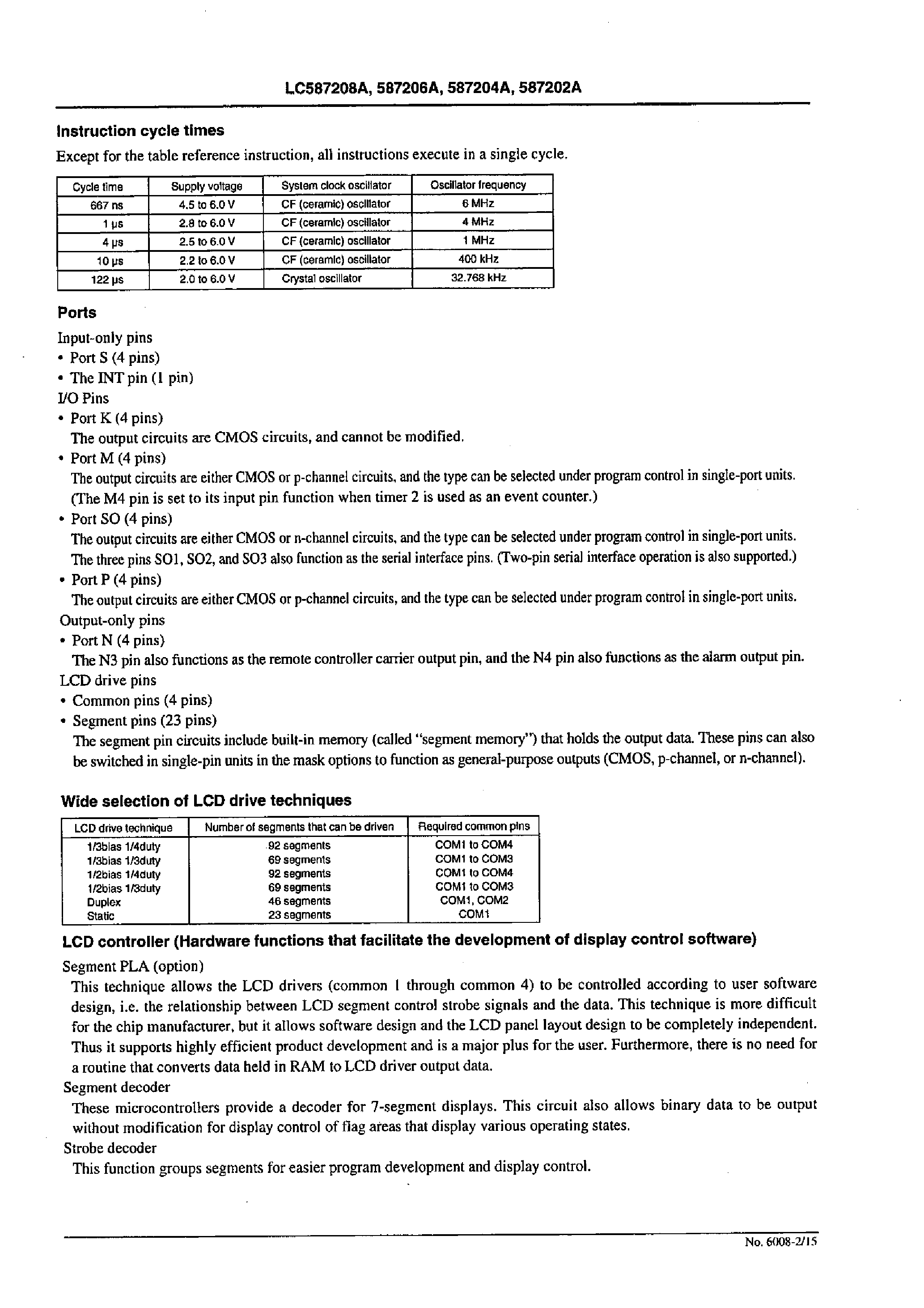 Datasheet LC587204A - 4-Bit Single-Chip Microcontroller LCD Driver ROM:2 /4 /6 /or8 K x 16 bits / RAM:512 x4 bits page 2
