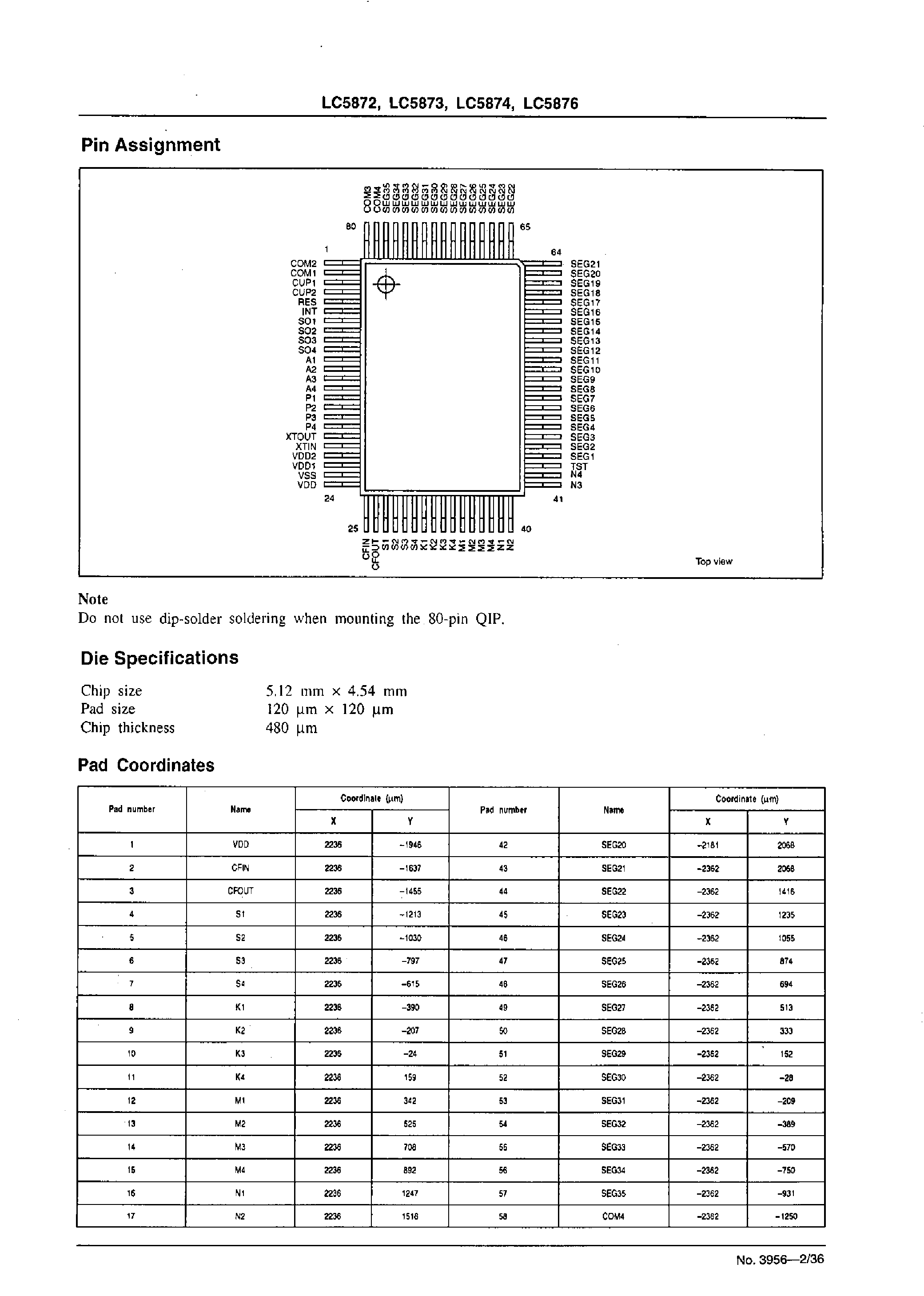 Datasheet LC5874 - On-Chip EPROM Microcomputer 4-Bit Single-Chip Microprocessor with LCD Driver / 12 Kbytes of EPROM and 1Kbits of RAM On-Chip page 2