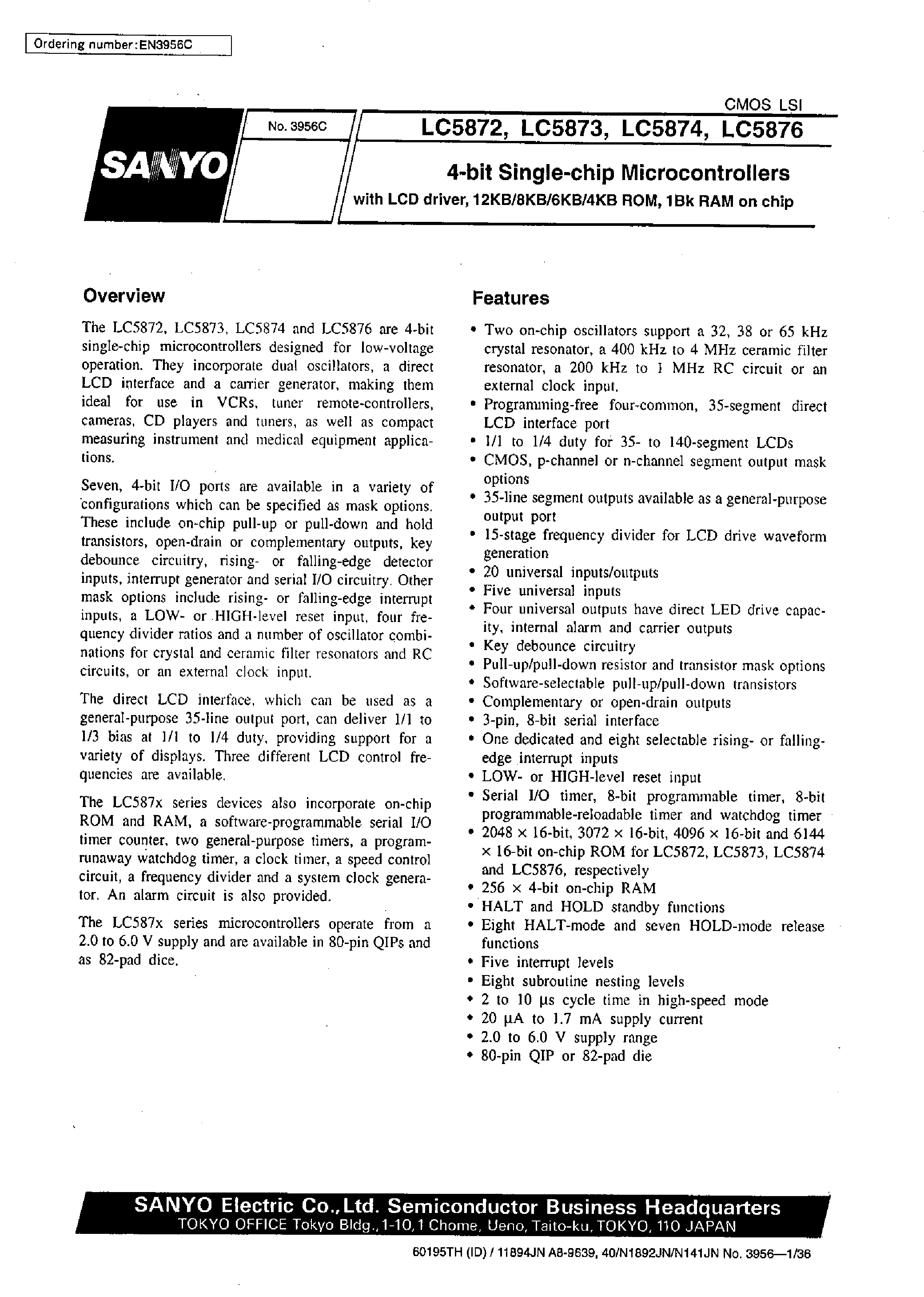 Datasheet LC5876 - On-Chip EPROM Microcomputer 4-Bit Single-Chip Microprocessor with LCD Driver / 12 Kbytes of EPROM and 1Kbits of RAM On-Chip page 1
