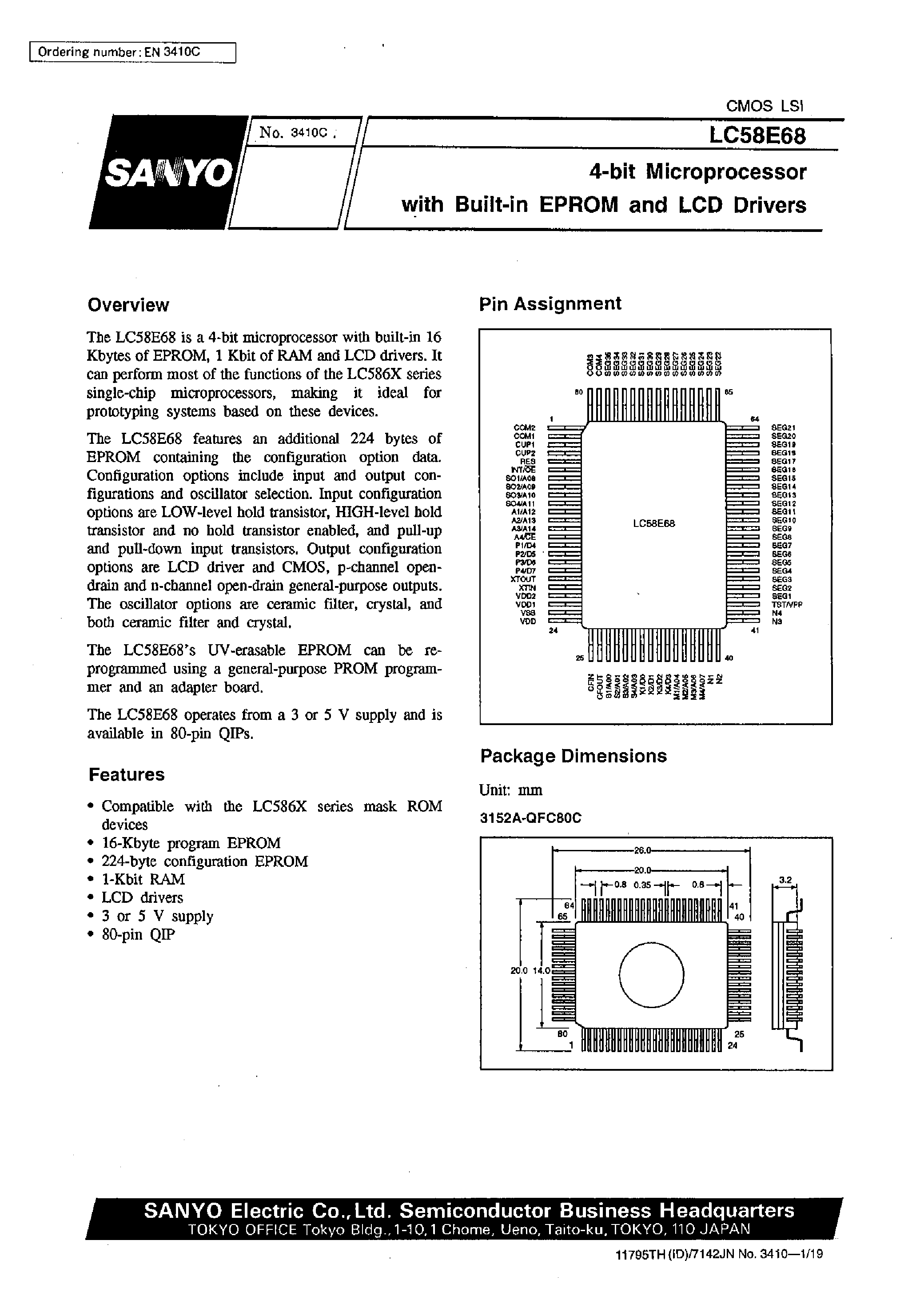 Datasheet LC58E68 - 4-Bit Microprocessor with Built-in EPROM and LCD Drivers page 1