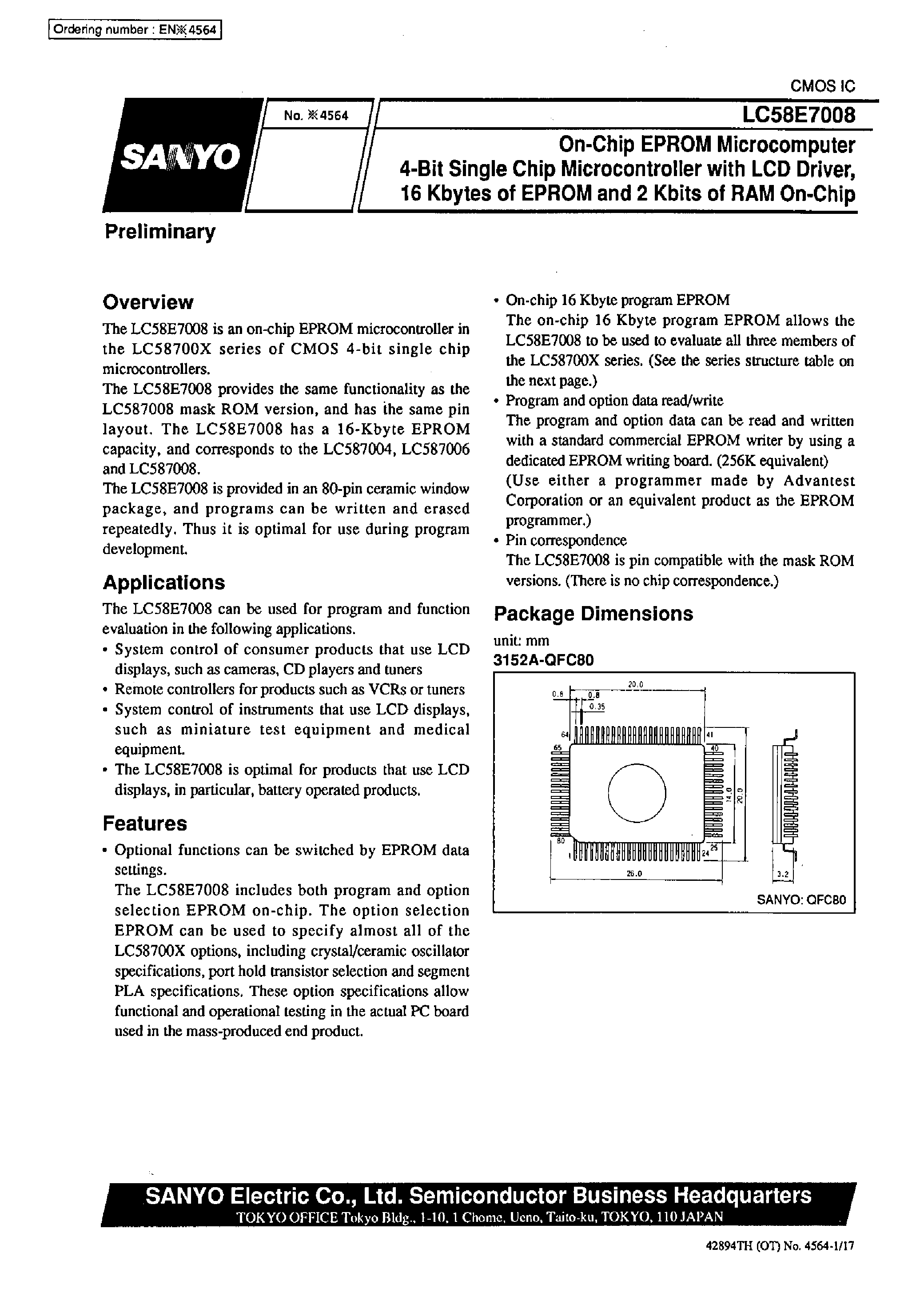 Datasheet LC58E7004 - On-Chip EPROM Microcomputer 4-Bit Single-Chip Microcontroller with LCD Driver / 16 Kbytes of EPROM and 2Kbits of RAM On-Chip page 1