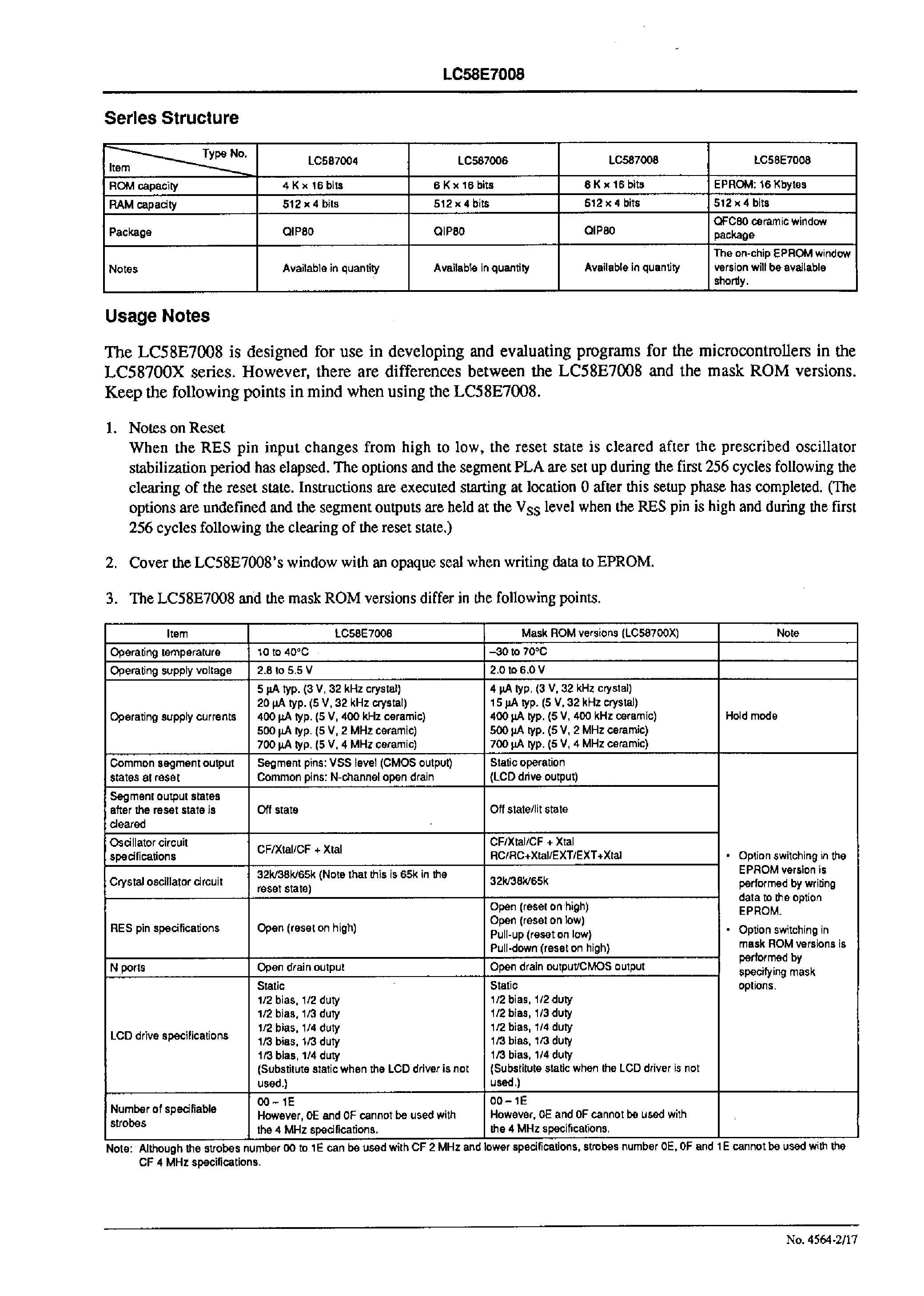 Datasheet LC58E7004 - On-Chip EPROM Microcomputer 4-Bit Single-Chip Microcontroller with LCD Driver / 16 Kbytes of EPROM and 2Kbits of RAM On-Chip page 2