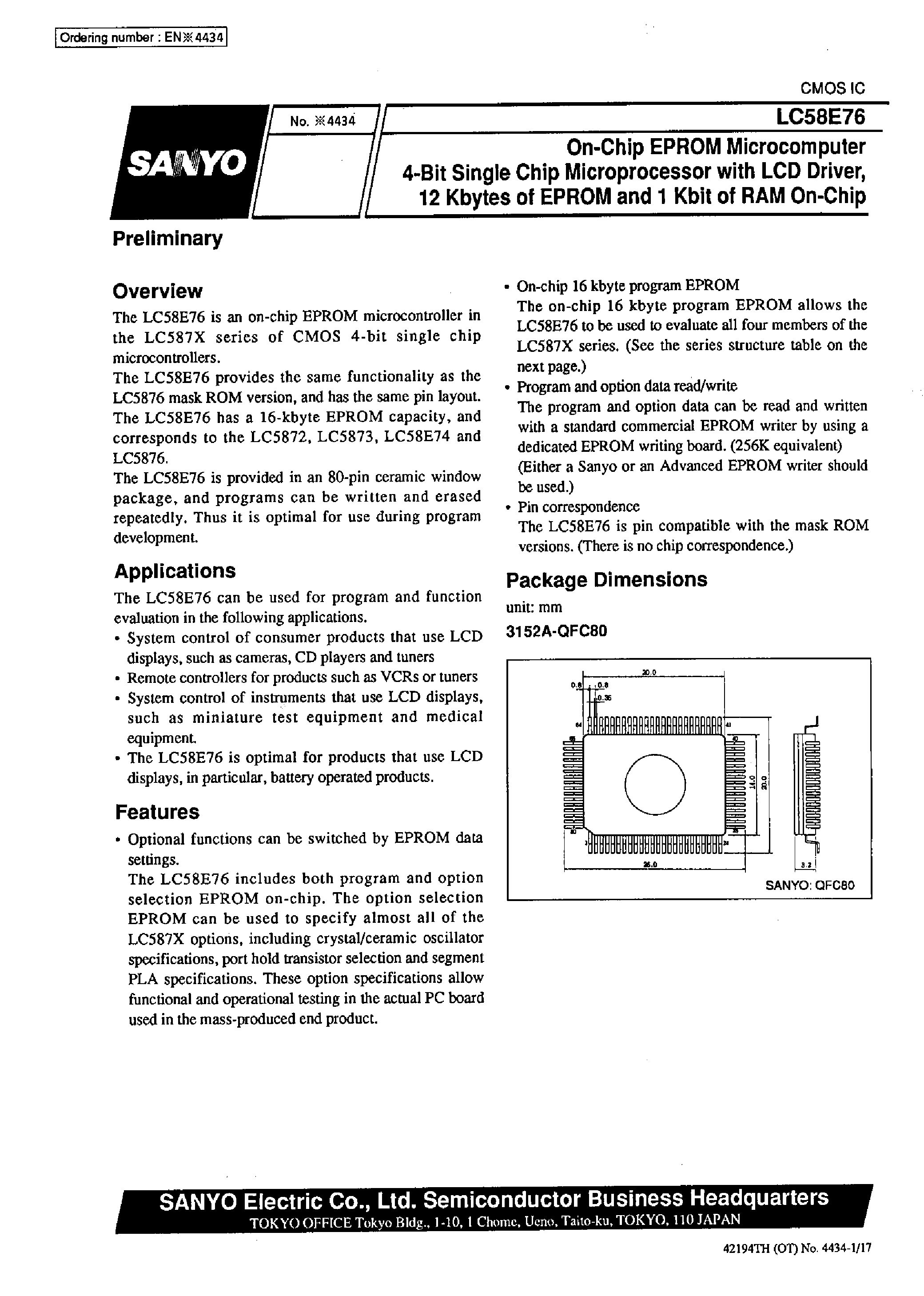 Datasheet LC58E76 - On-Chip EPROM Microcomputer 4-Bit Single-Chip Microprocessor with LCD Driver / 12 Kbytes of EPROM and 1Kbits of RAM On-Chip page 1