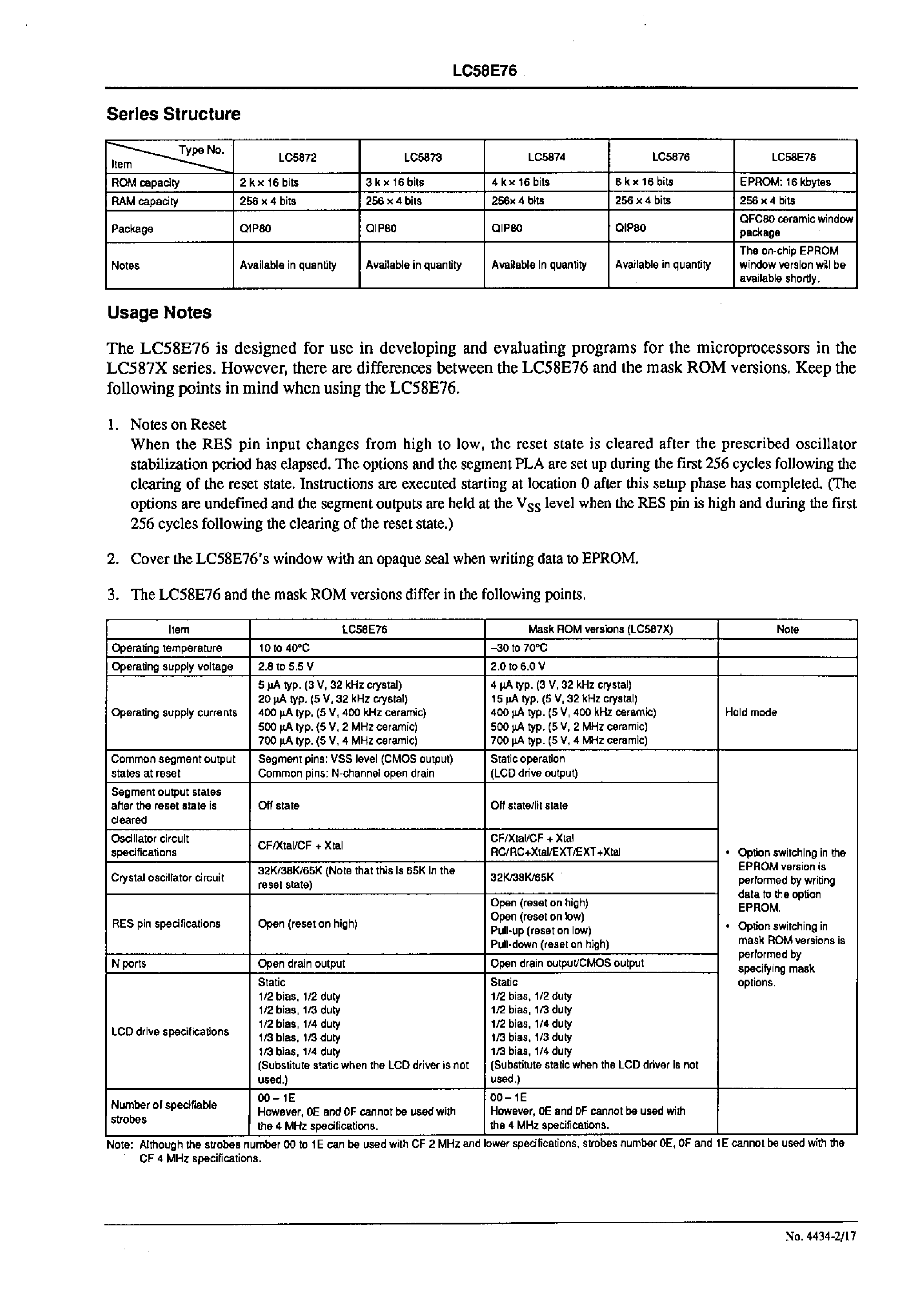 Datasheet LC58E76 - On-Chip EPROM Microcomputer 4-Bit Single-Chip Microprocessor with LCD Driver / 12 Kbytes of EPROM and 1Kbits of RAM On-Chip page 2