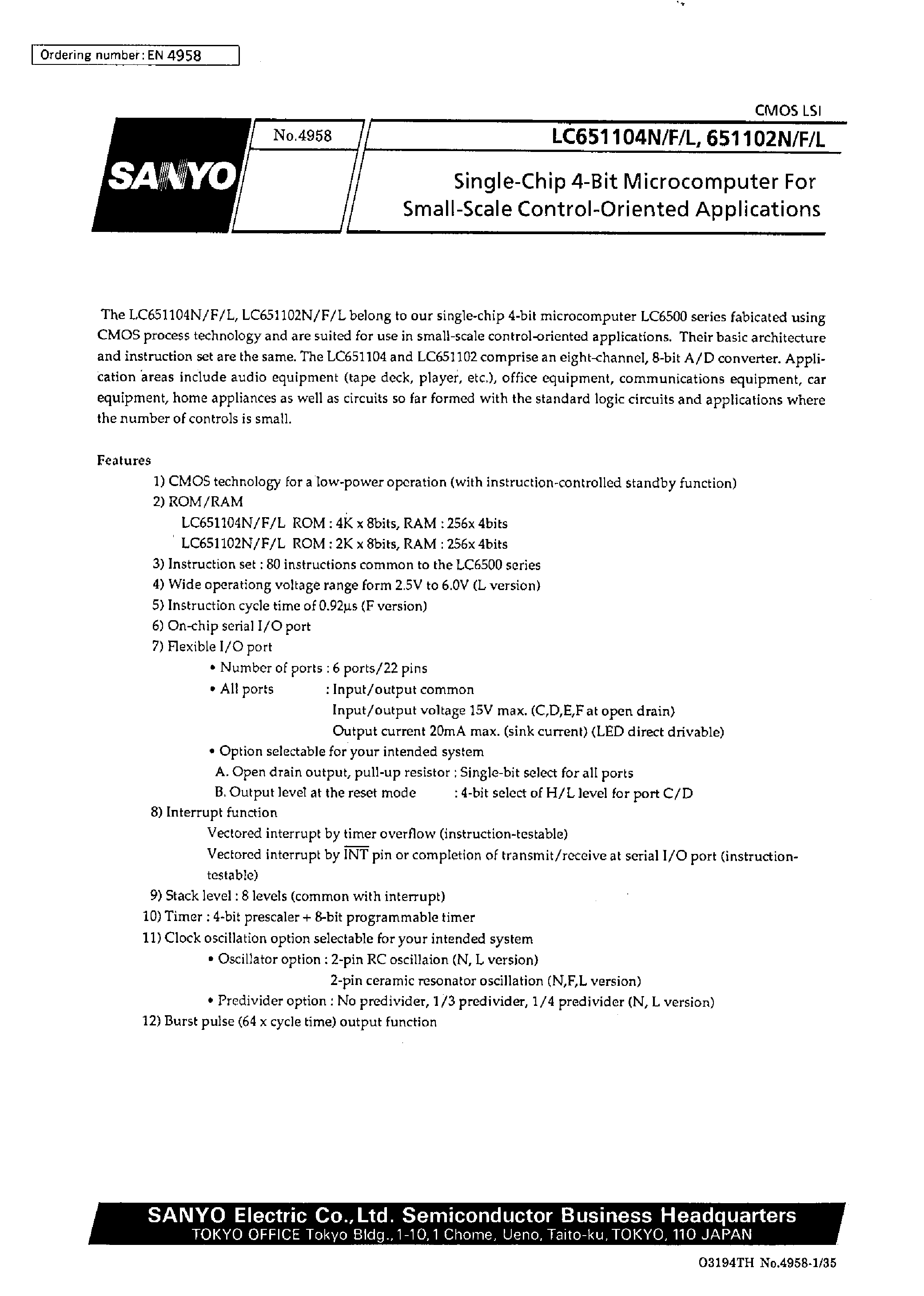 Datasheet LC651104L - One-Time Programmable 4-Bit Single-Chip Microcontroller page 1