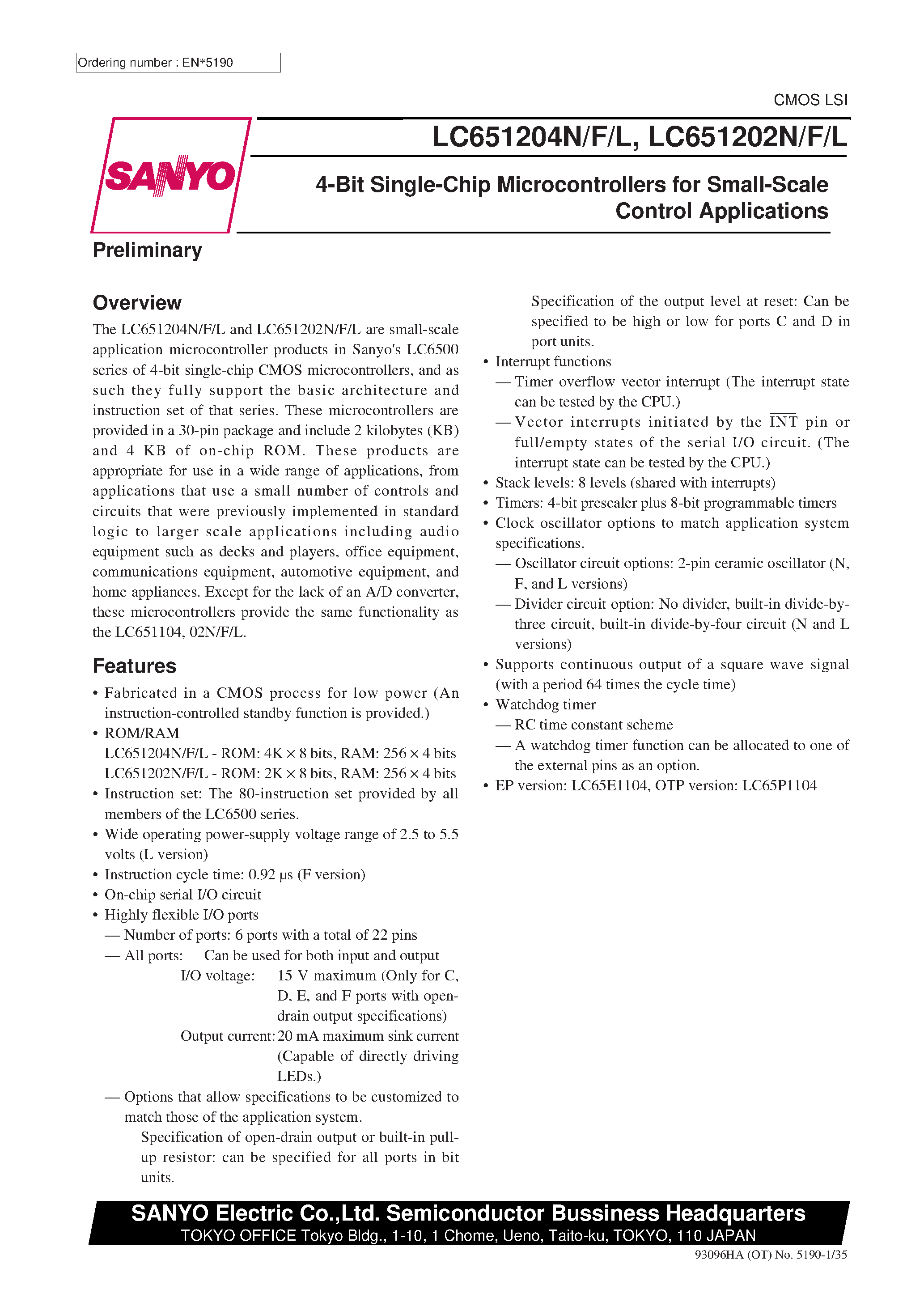 Datasheet LC651204F - One-Time Programmable 4-Bit Single-Chip Microcontroller page 1