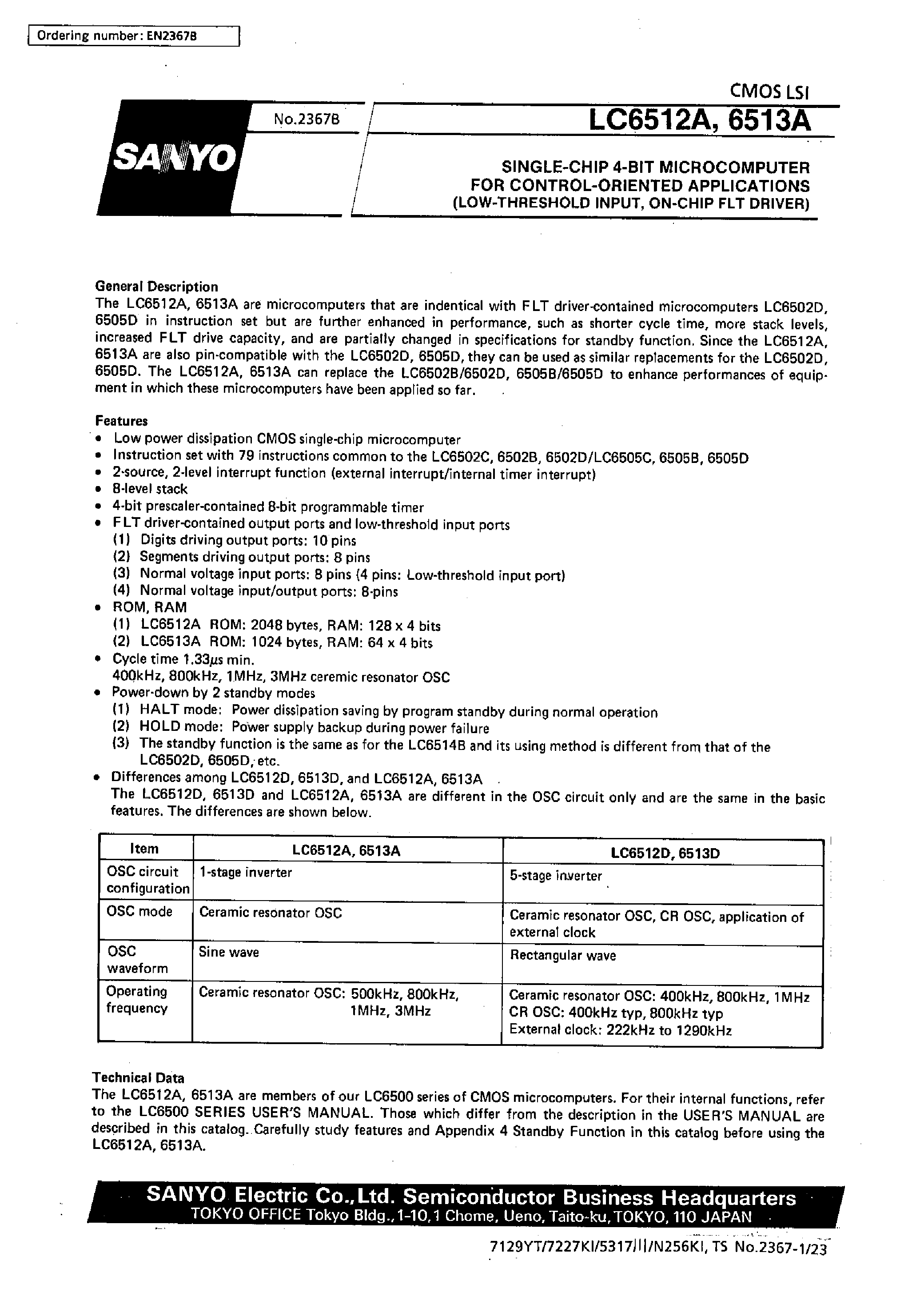 Datasheet LC6512A - SINGLE-CHIP 4-BIT MICROCOMPUTER FOR CONTROL-ORIENTED APPLICATIONS(LOW-THRESHOLD INPUT / ON-CHIP FLT DRIVER) page 1
