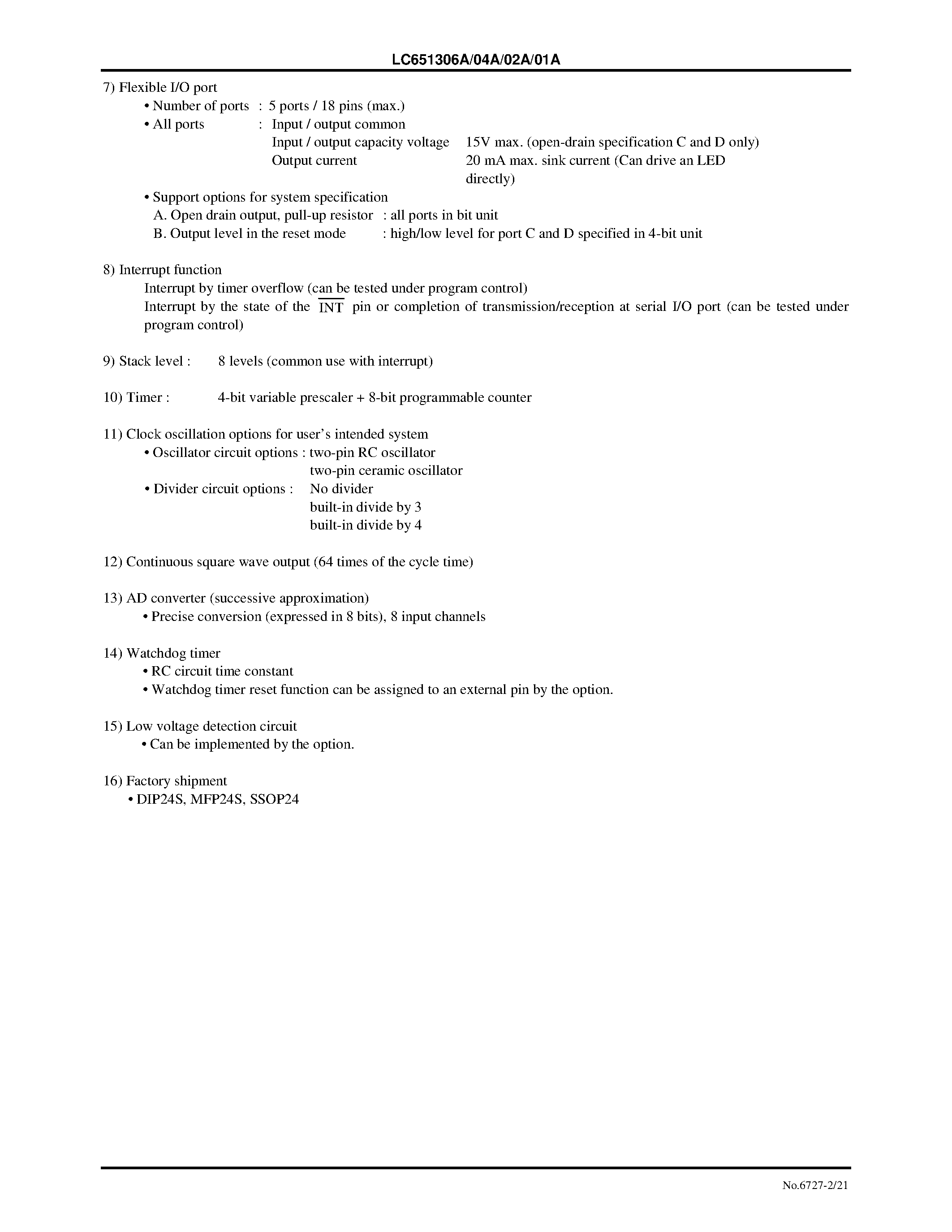 Datasheet LC651301A - 4-Bit Single-Chip CMOS Microcontroller for Small-Scale Control Applications page 2