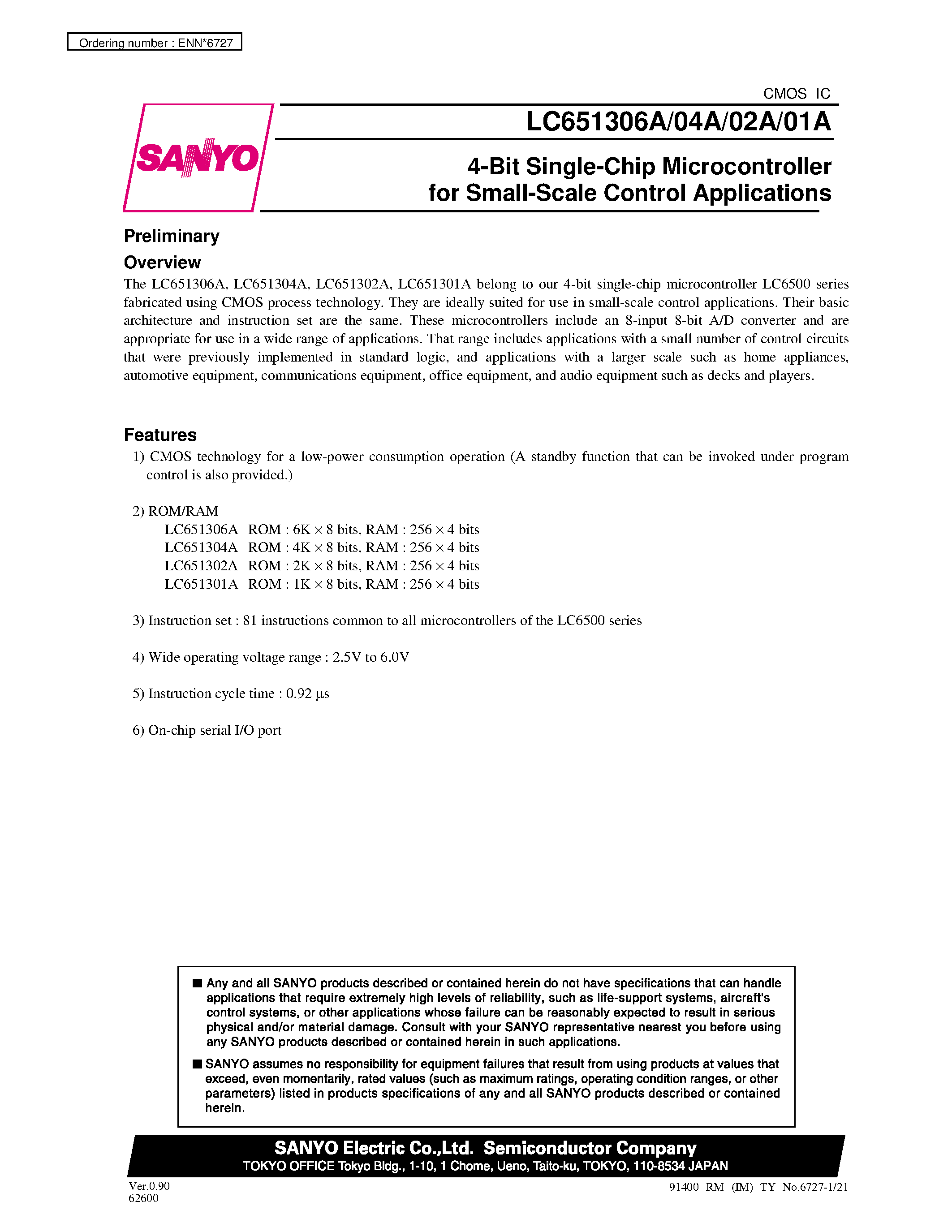 Datasheet LC651302A - 4-Bit Single-Chip CMOS Microcontroller for Small-Scale Control Applications page 1