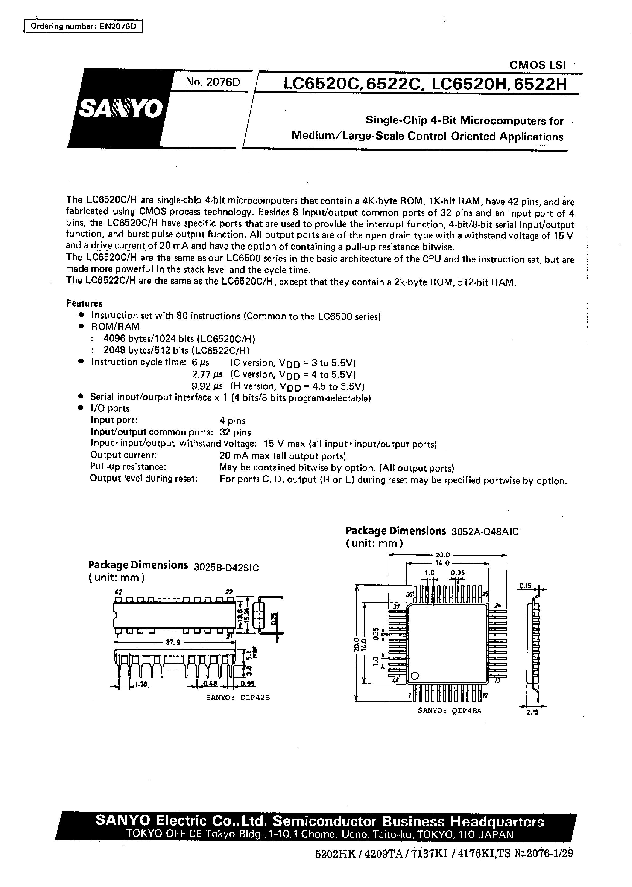 Даташит LC6520H - Single-Chip 4-Bit Microcomputers for Medium/Large-Scale Control-Oriented Applications страница 1