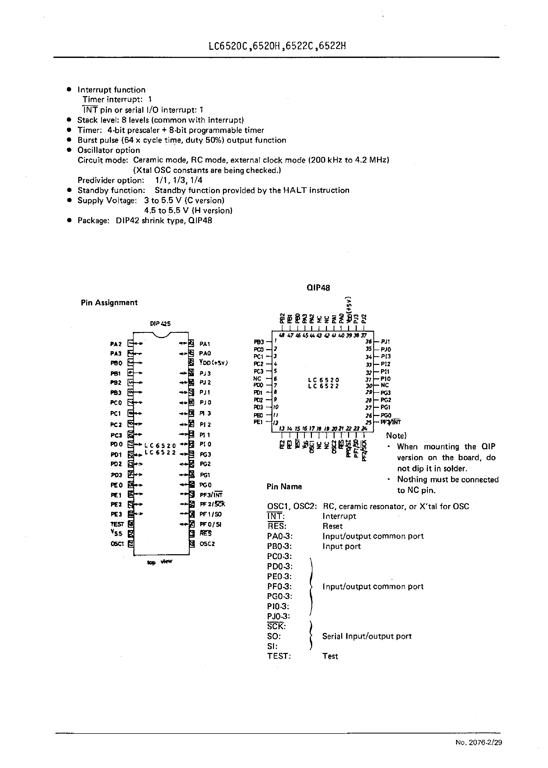 Даташит LC6520H - Single-Chip 4-Bit Microcomputers for Medium/Large-Scale Control-Oriented Applications страница 2